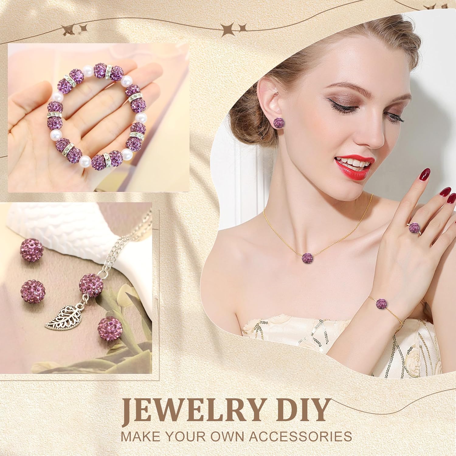 150pcs 10mm Rhinestone Beads for Jewelry Making,Full of Diamonds Round Disco Bead Bulk,Clay Bead for Crafting,Rhinestone Clay Beads for DIY Baseball Necklace Bracelet (Light Purple, 10mm/55pcs) - Image 3