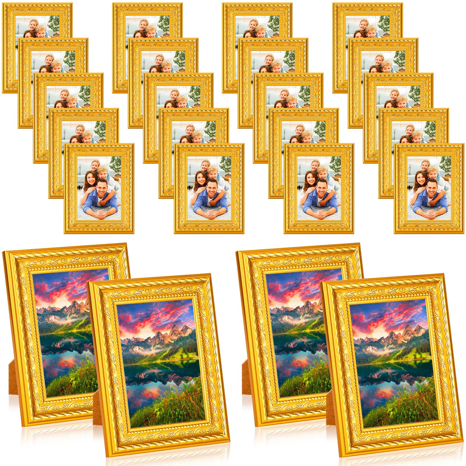 Photo 1 of Remerry 24 Pcs Mini Gold Picture Frames Bulk Small Vintage Gold Plastic Photo Frames Display Fit 3.5x5 Photo with Mat for Wedding Table Numbers Place Card Holder Tabletop Display