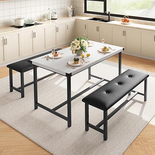 Miniatura 7 de Dining Table Set for 4, 3 Piece Farmhouse Rectangular Dining Room Table Set with 2 Upholstered Bench, Compact Rectangular Breakfast Nook for Small