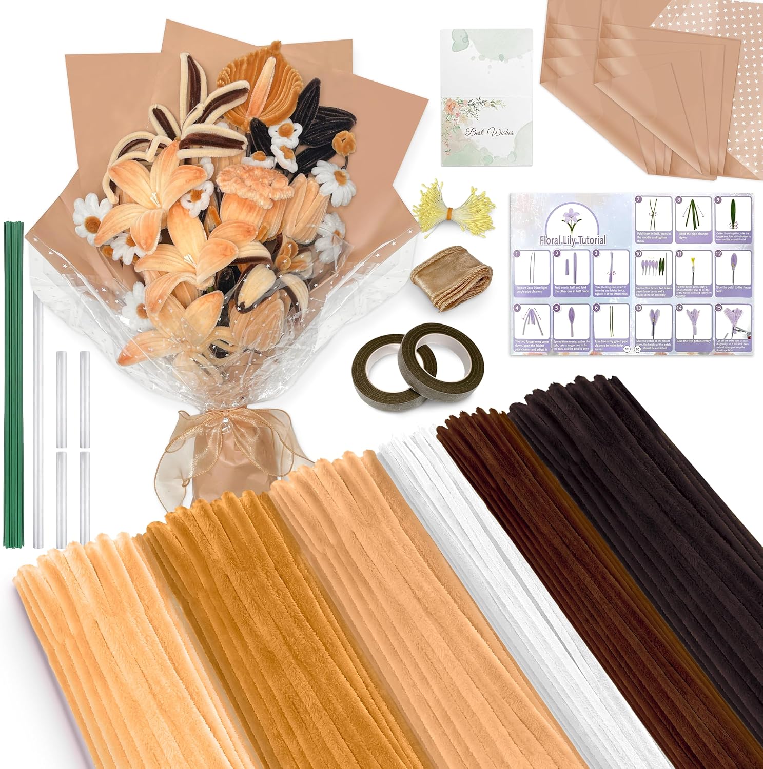 LINAYE 500 PCS Pipe Cleaners Craft, 6 Colors Pipe Cleaners Flowers Kit, Chenille Stems for Crafts with Instruction Wrapping Paper, Flower Stamens, Stems Art and Craft Supplies Brown