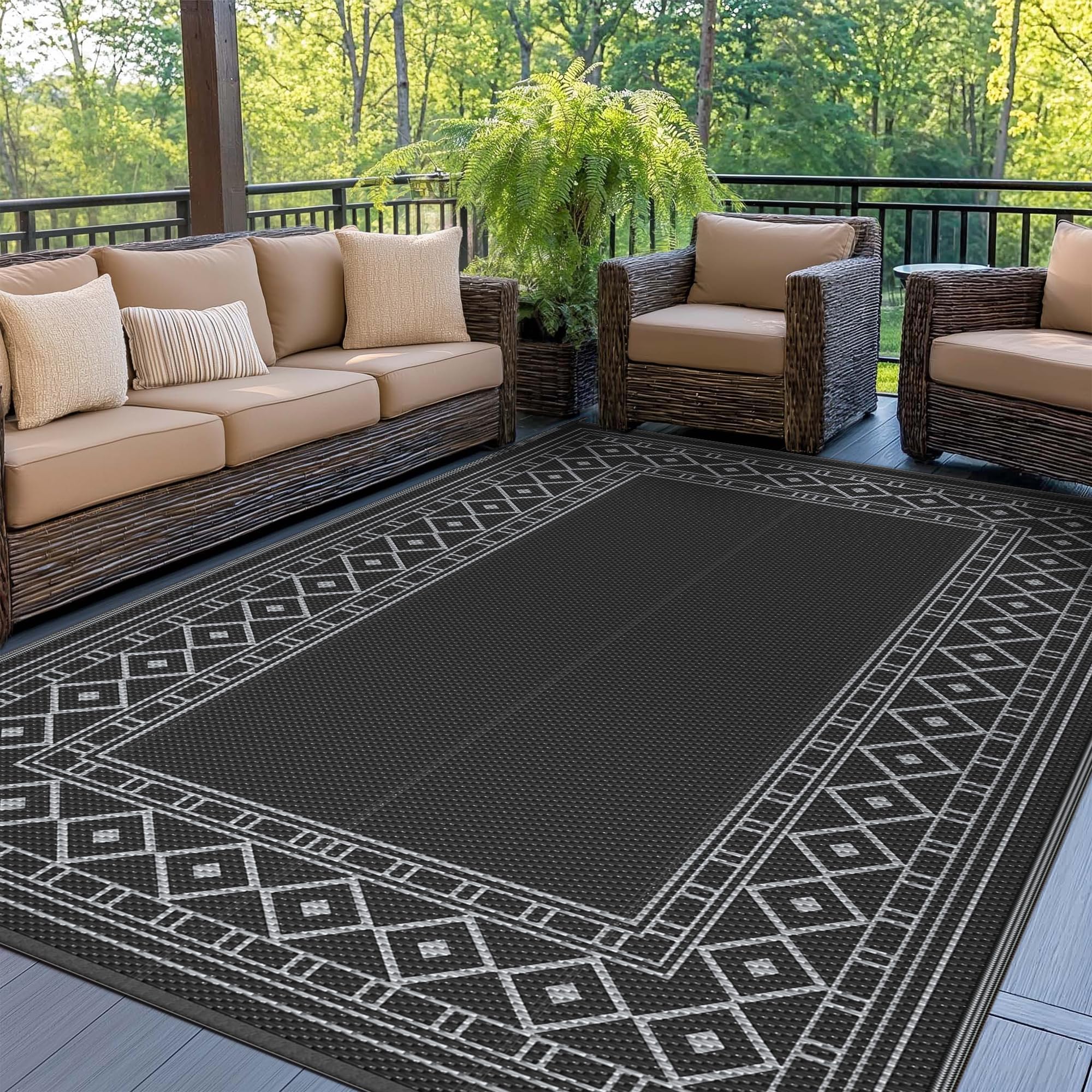 GENIMO Outdoor Teppich Wetterfest 150x240 cm, Waschbarer Balkon Teppich mit UV-Schutz, Wendbarer Moderner Polypropylen-Teppich für Terrasse, Garten, Wohnmobil, Picknick & Hinterhof – Schwarz & Grau