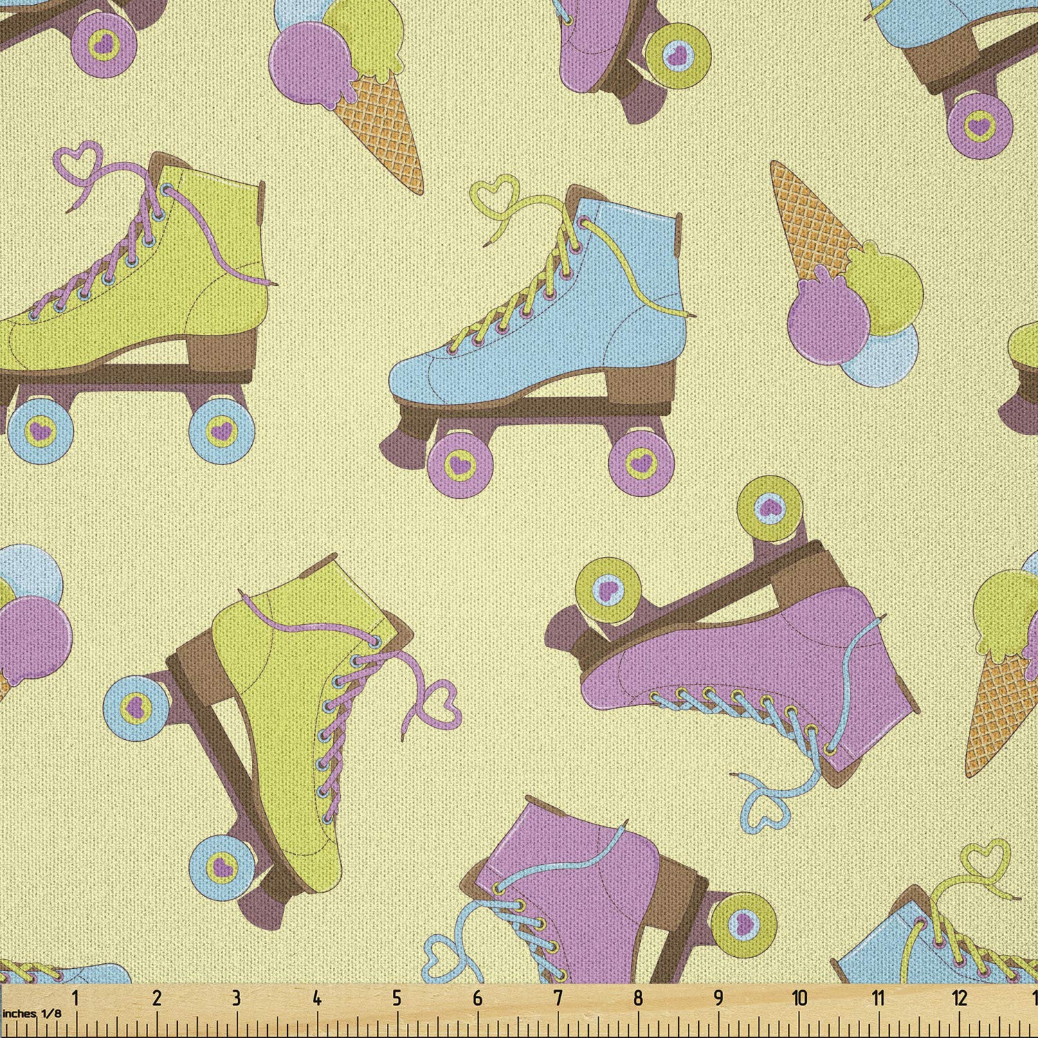 Lunarable Ice Cream Fabric by The Yard, Pastel Colored Roller Skates and Ice Creams Retro Print Summer Outdoor Activity, Microfiber Fabric for Arts and Crafts Textiles &amp; Decor, 1 Yard, Pink Yellow