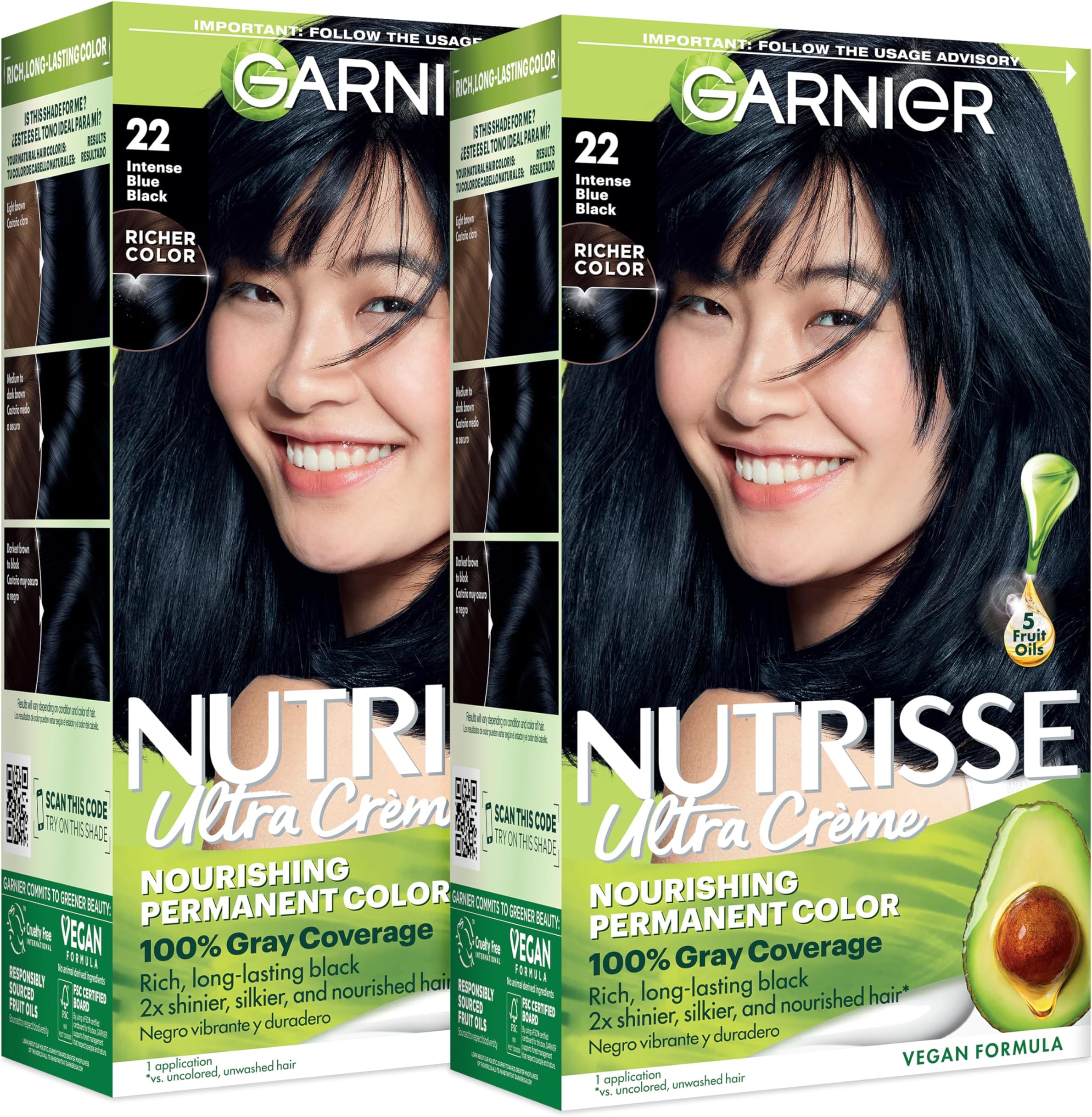 Garnier Hair Color Nutrisse Nourishing Creme, 22 Intense Blue Black, 2 Count