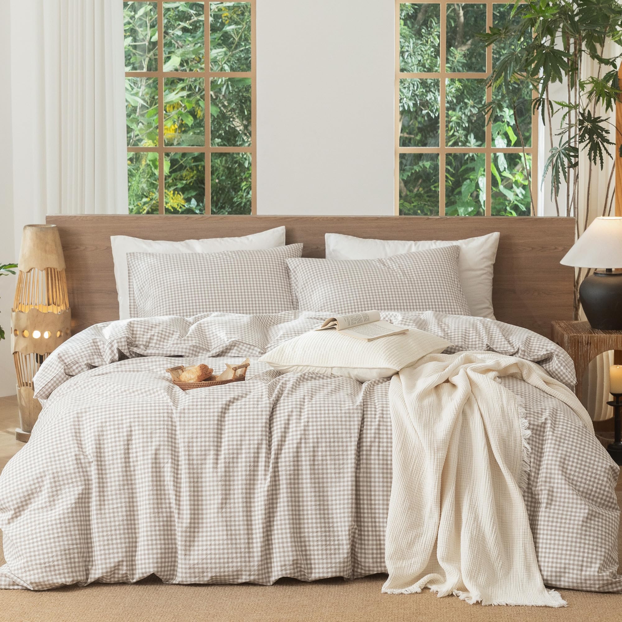 MooMee Gingham Duvet Cover Set 100% Washed Cotton Linen Like Textured Breathable Durable Soft Comfy Modern Checkered Design (Mini Gingham Tannish Linen Grey, Twin 68"x90") — image 1