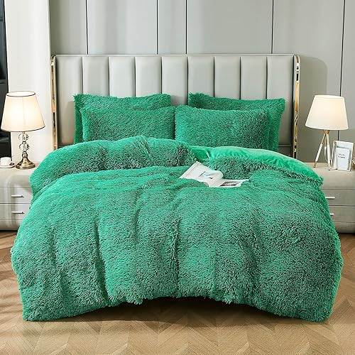 Miniatura 1 de Uhamho Juego de funda de edredón de terciopelo de pelo sintético esponjoso con fundas de almohada, ultra suave, cálido y duradero (Queen, verde