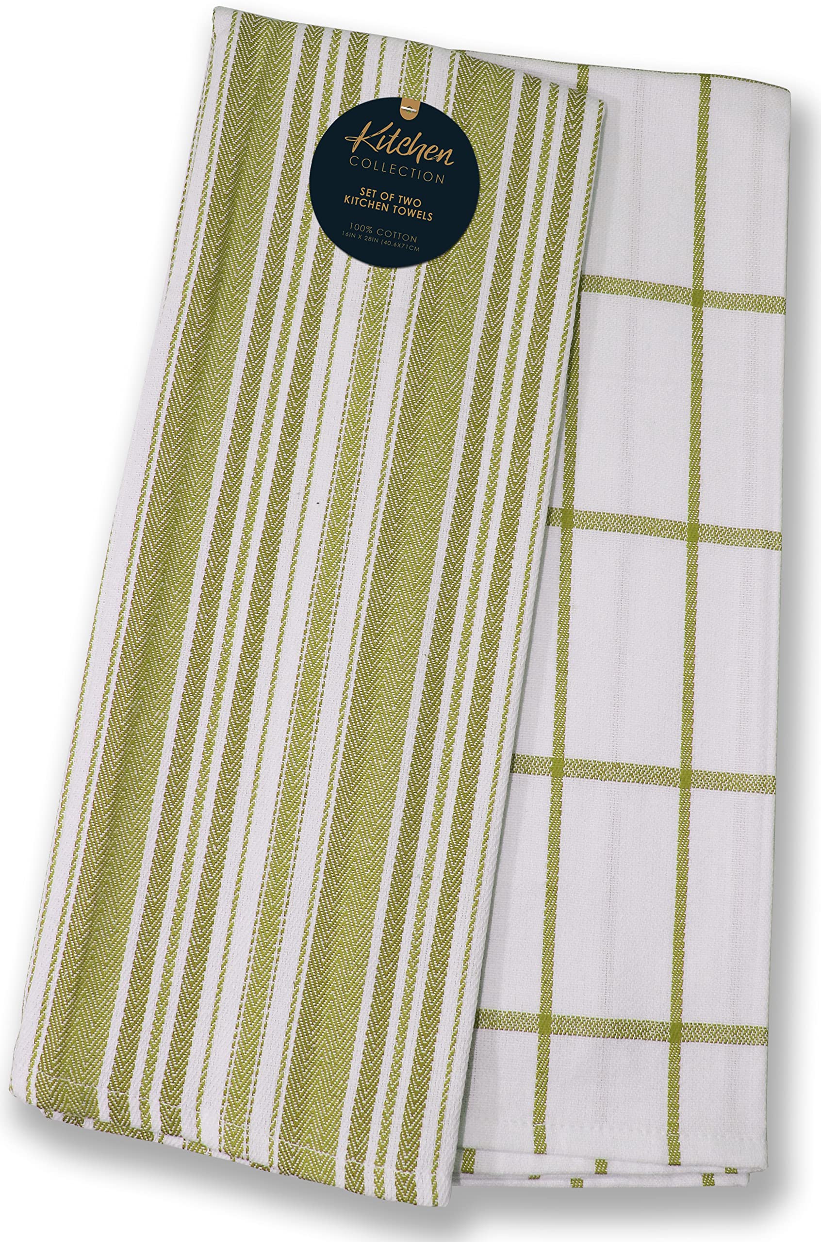QCS Home - Vintage Herringbone Stripe Pattern and Check Weave Tea Towels Set, 100% Ring Spun Cotton, Super Absorbent and Premium Construction Kitchen Dish Cloth 50 x 76 cm (Set of 2) (Green)