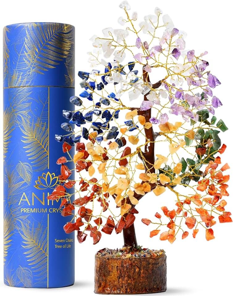 Anima Árbol de la Vida de Cristal – Árbol de 7 Chakras para Sanación, Armonía, Energía Positiva, Suerte y Manifestación – Incluye Guía y Caja de Regalo – Artesanía Ética de India