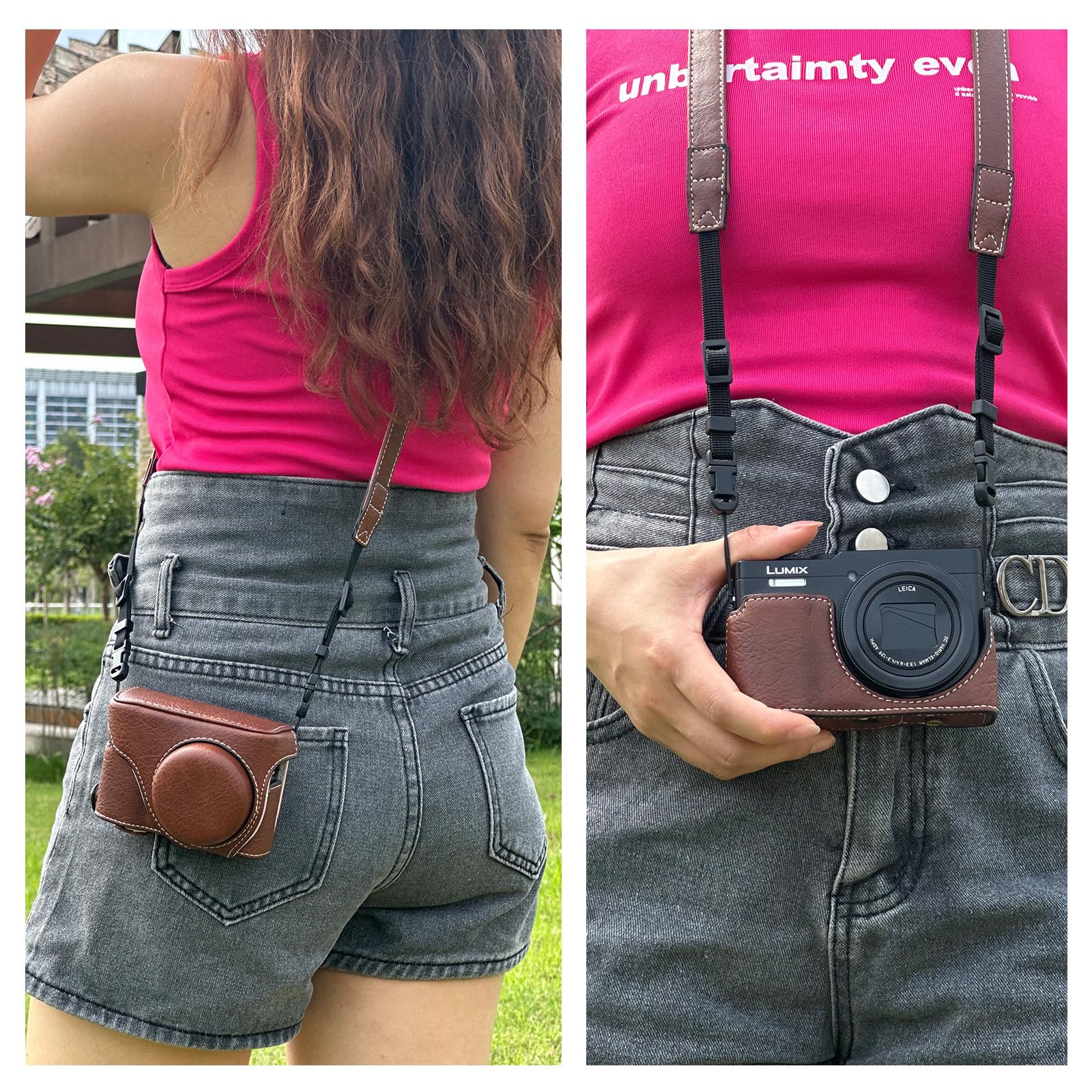 MUZIRI KINOKOO Lumix TZ99 Housse, étui de Protection en Cuir PU pour Appareil Photo numérique Panasonic Lumix DC-TZ99, Sacoche de Transport détachable avec bandoulière réglable - Café