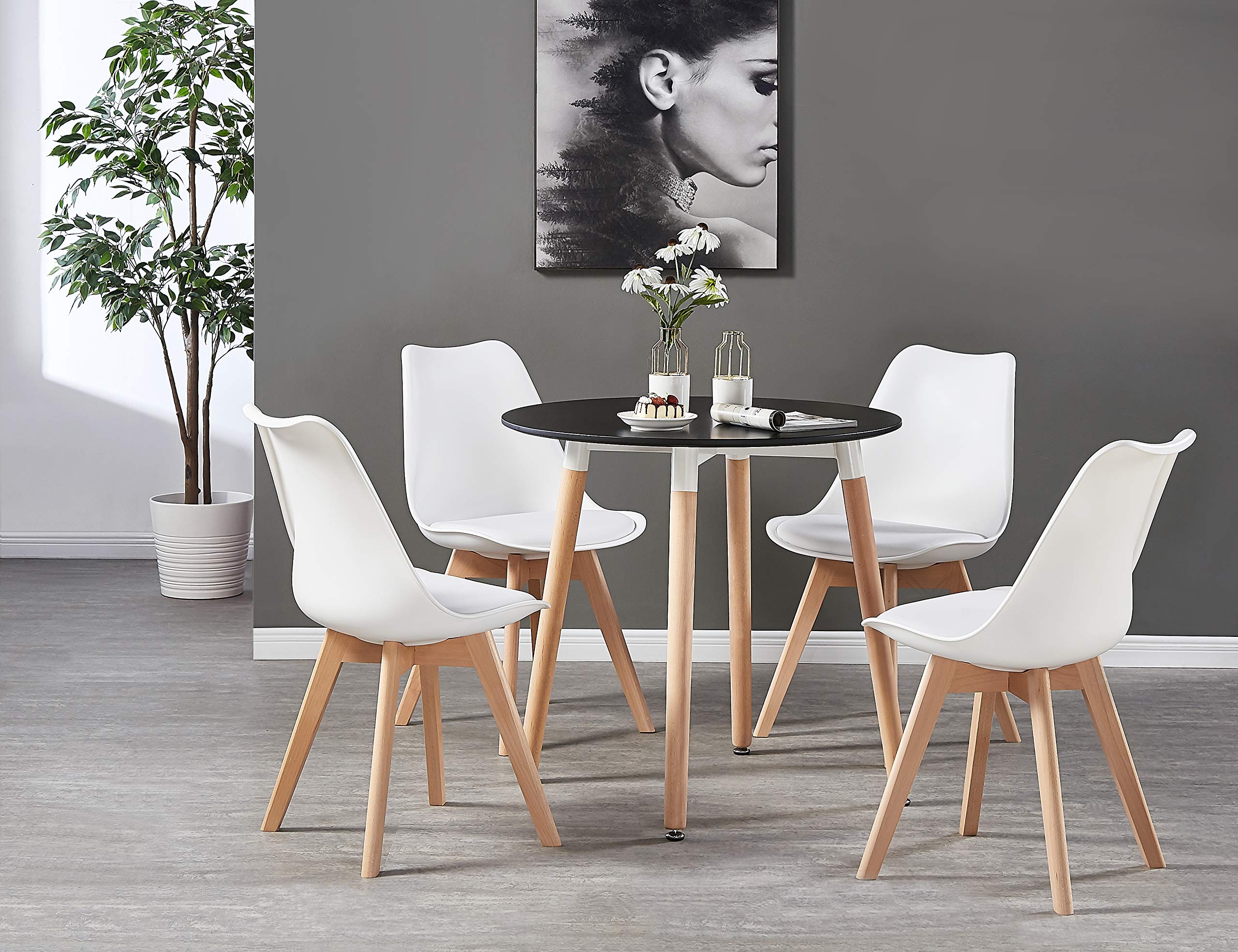 Life Interiors Dining Room Table Set for 4-80 cm Round Table & Dining Room Chairs Set of 4 with Cushions - PU Padded Seat w/Solid Wood Legs - Modern Round Dining Set - White/Black