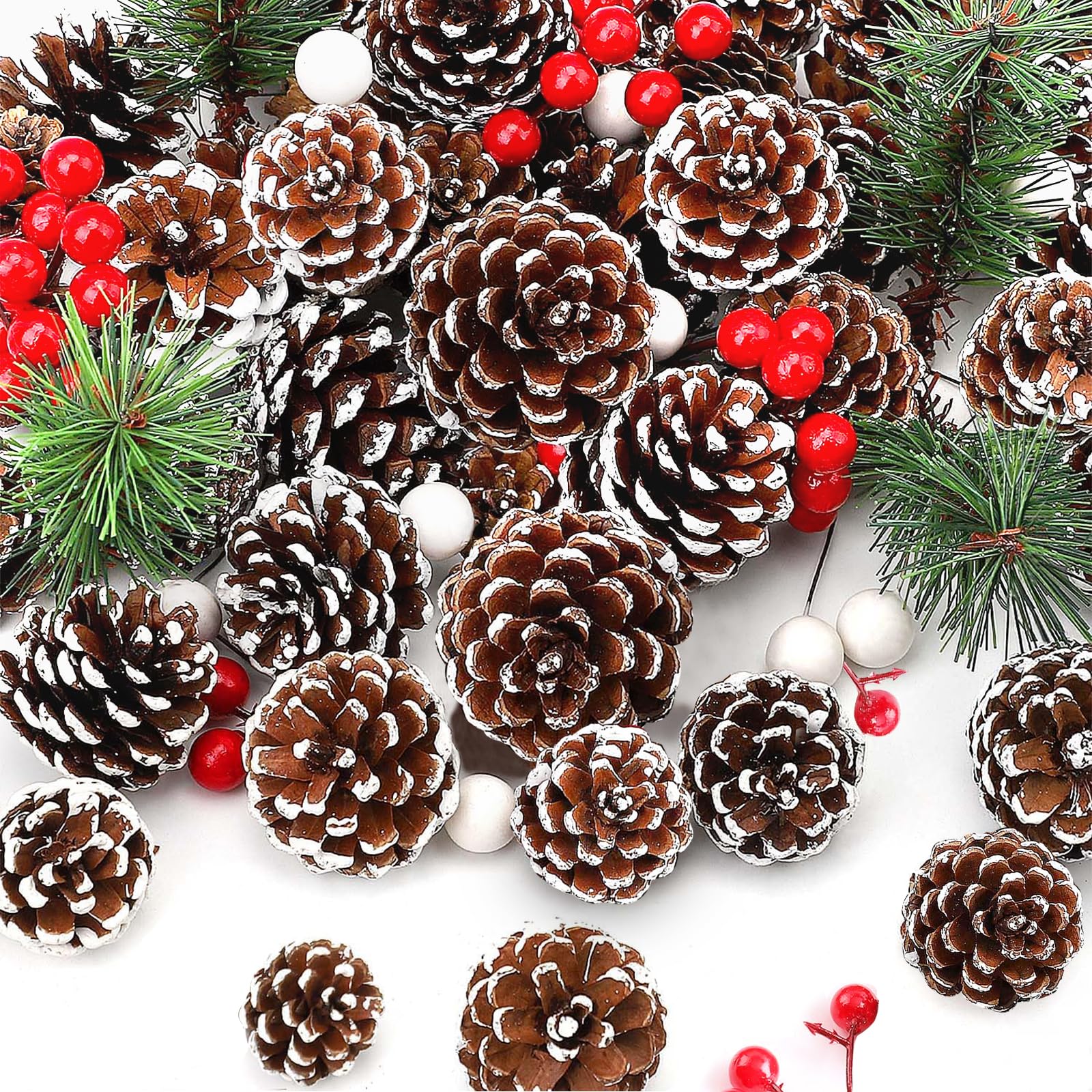 Pomefar Christmas Decorations, 65Pcs Chritams Tree Decorations with 30 Christmas Pine Cones, 25Pcs Berry, 10Pcs Pine Branch for DIY Crafts, Home Decorations Xmas Tree Tag Gift Party Supplies