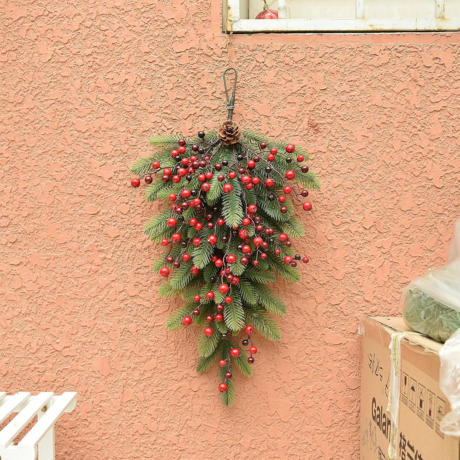 27.6-Inch Green Pine Needles Teardrop Swag - Christmas Door Wreath, Faux Greenery Garland Hanging for Holiday Wall, Lintel, Festival Decoration
