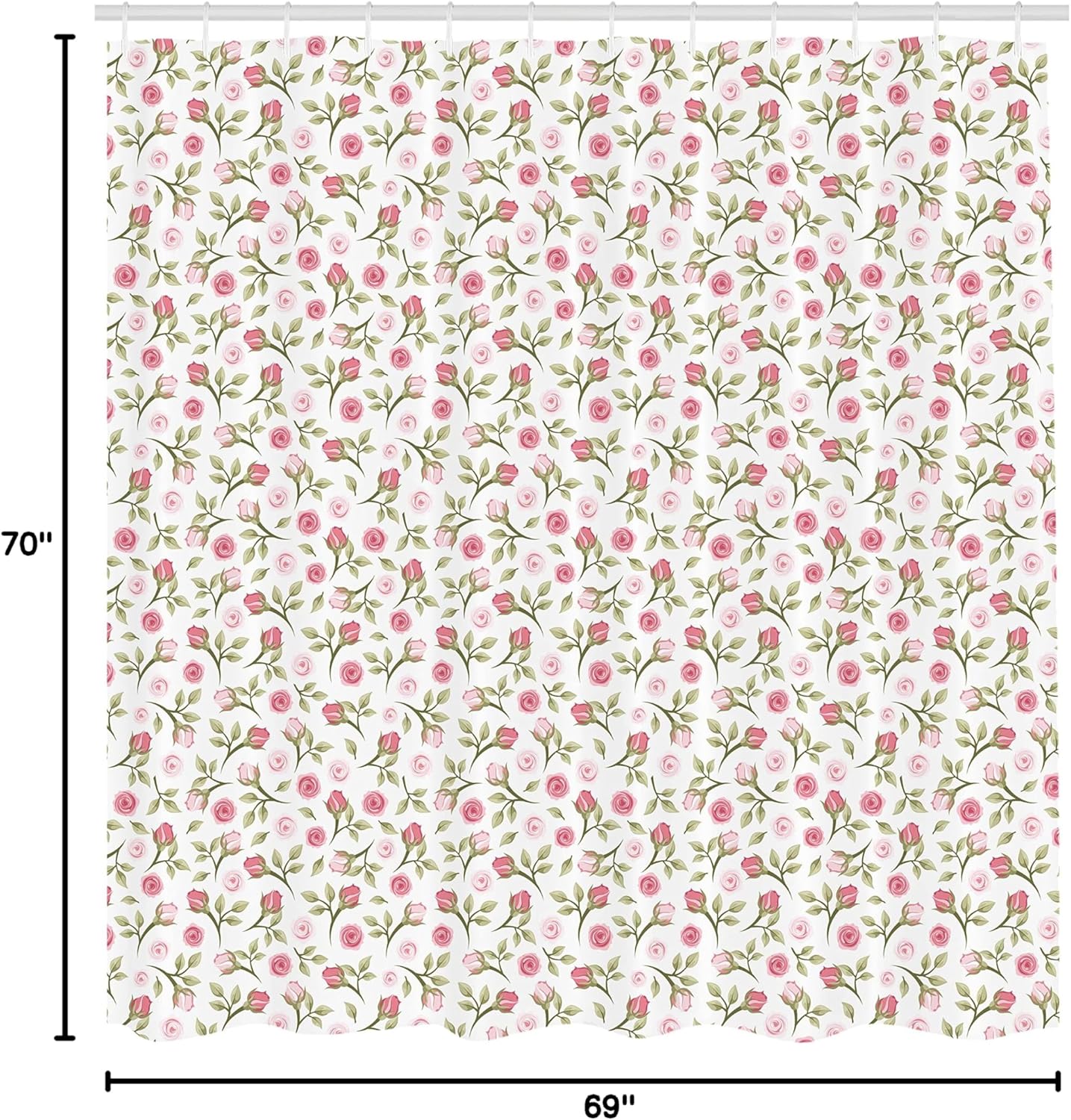 Ambesonne Floral Shower Curtain, Top View and Side View of Rosebuds and Falling Green Leaves on a Plain Background, Cloth Fabric Bathroom Decor Set with Hooks, 69" W x 70" L, Khaki Pink