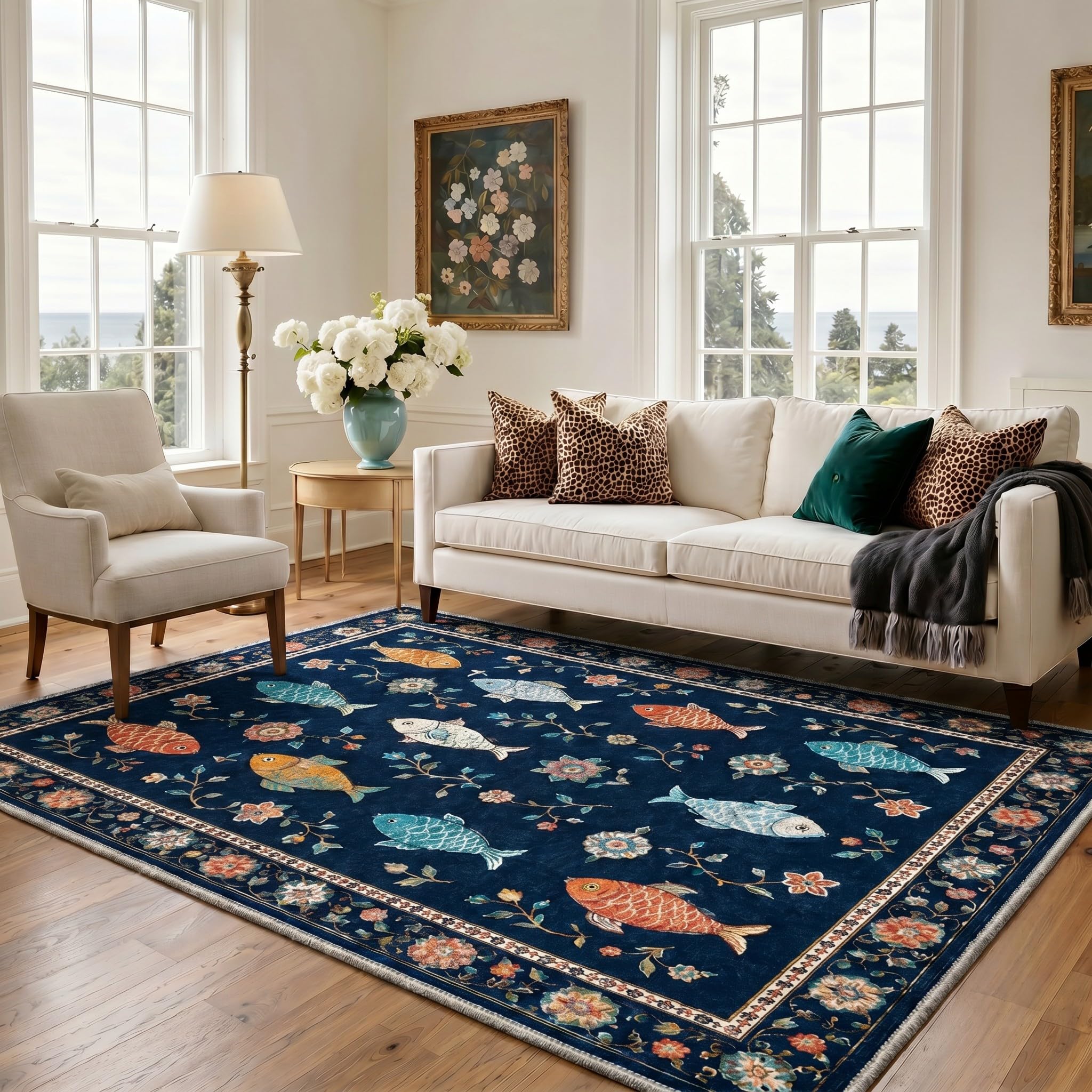 Tapis Salon 160x230 cm - Vintage Natural Style Large Non-Slip Area Rug for Living Room Or Bedroom in Indigo Bloom