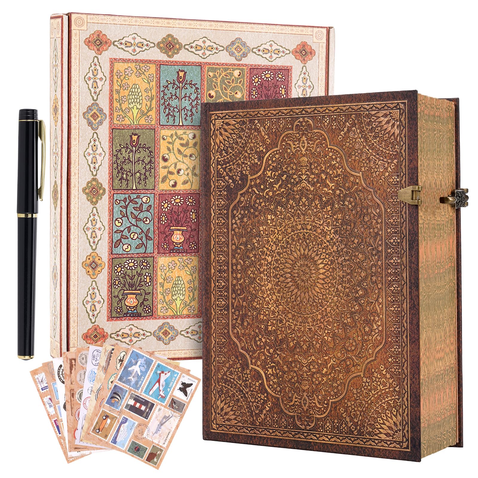 Diario retro de tapa dura con dije rojo en 3D, con 96 hojas/192 páginas, con bolsillo tipo sobre, adecuado como cuaderno, diario de viaje o aniversario de boda.