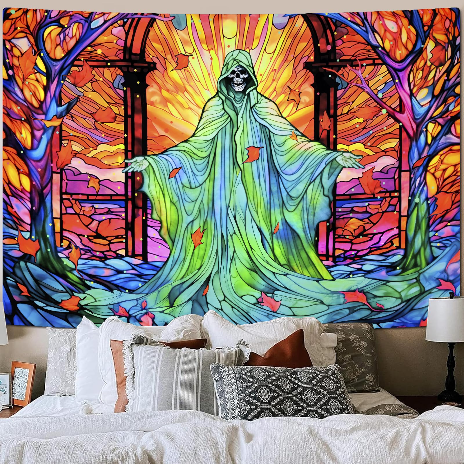 Tissu Polyester Noir Blanc Tapisserie Tête De Mort Gothique 210x150cm - Décor Noir Et Blanc - Chambre, Salon - Yrendenge Tapisserie Tête De Mort 210x150