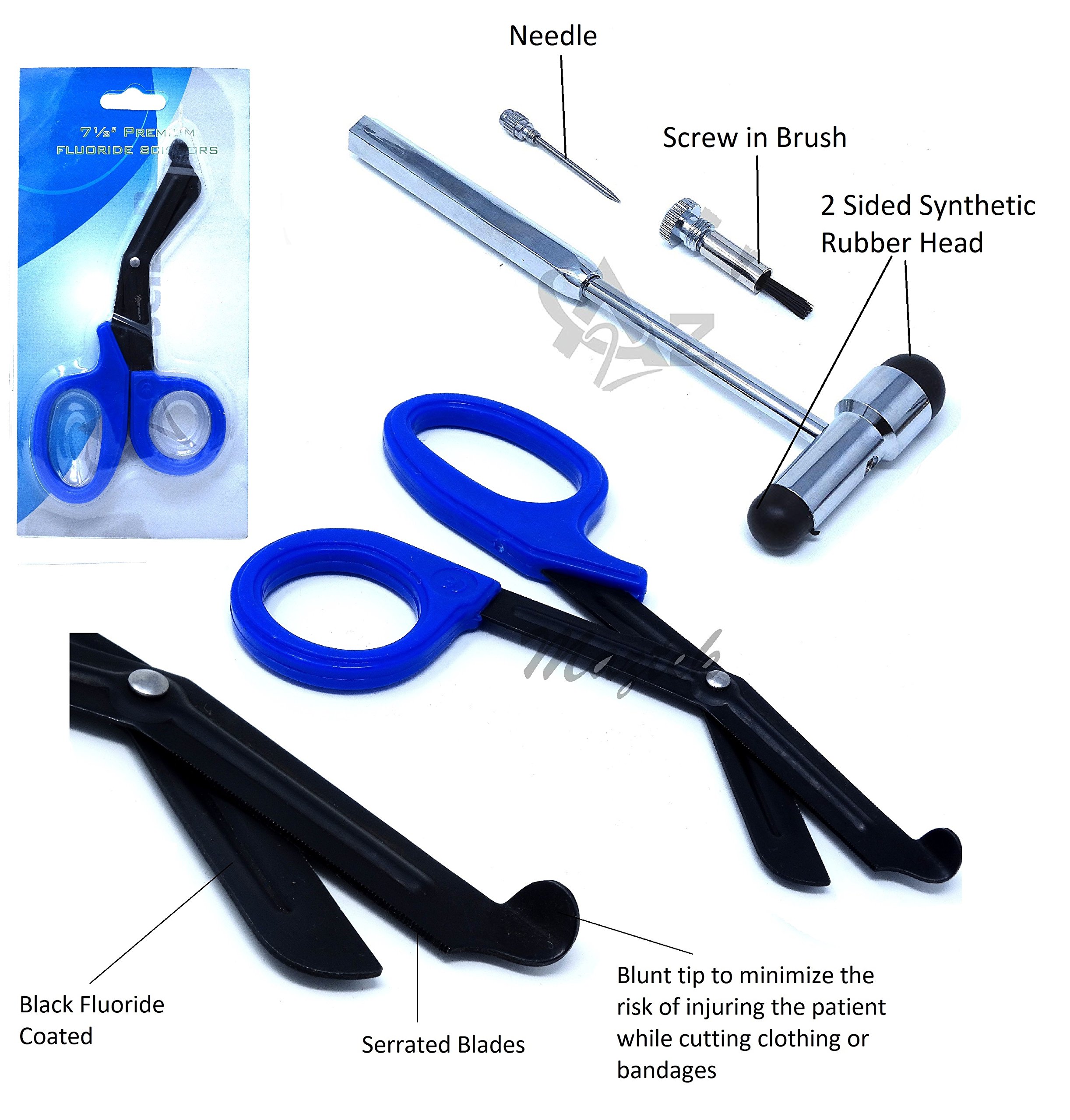 Premium Quality Trauma Paramedic Utility Bandage Shears + Buck 3 in 1 Percussion Neurological Diagnostic Hammer (A2ZSCILAB) (Royal Blue Fluoride Coated)