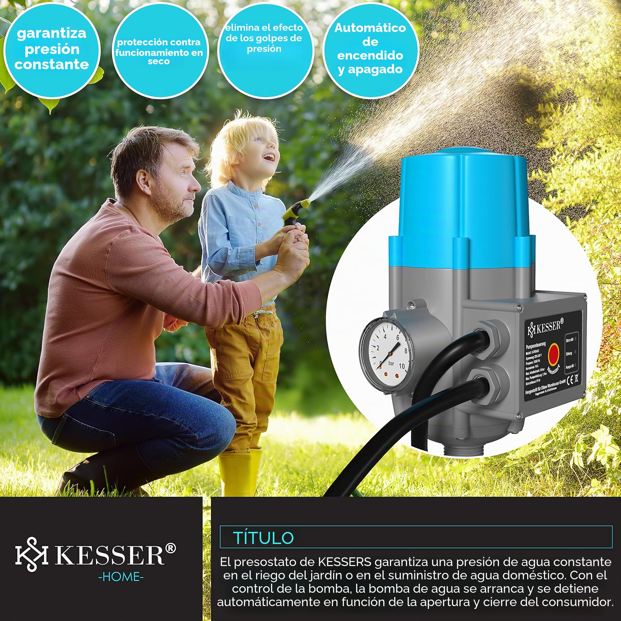 KESSER® Controlador de Bomba con Indicador de Presión en Bar | con Cable | Interruptor de Presión Electrónico 10 bar | Monitorea la Presión del Agua - Encendido y Apagado Automático Azul/Gris