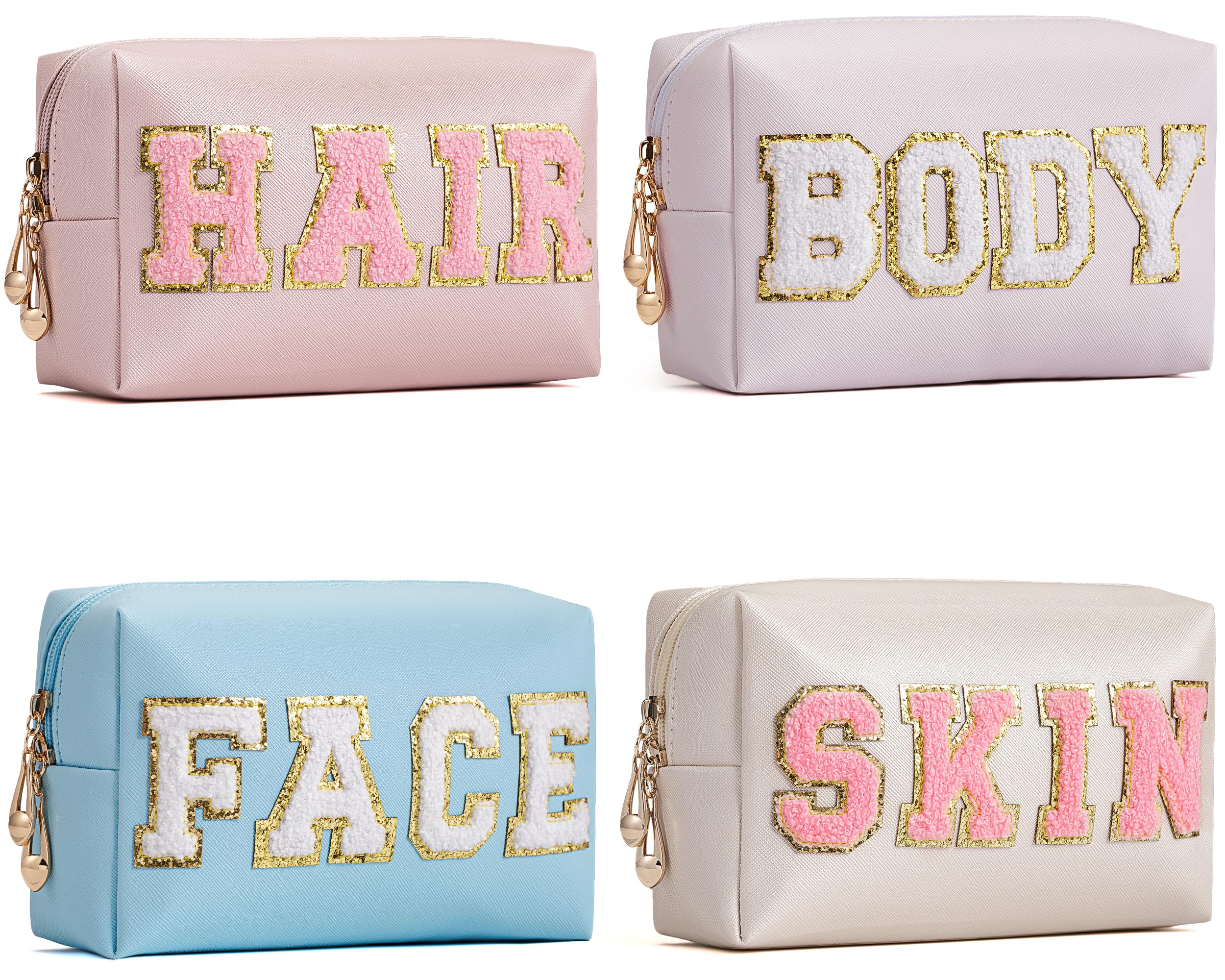 HBselect Preppy Makeup Bag 4 Pcs Travel Toiletry Bag Chenille Letter Patch Makeup Bag Portable Cosmetic Bag for Women PU Leather Waterproof Organizer