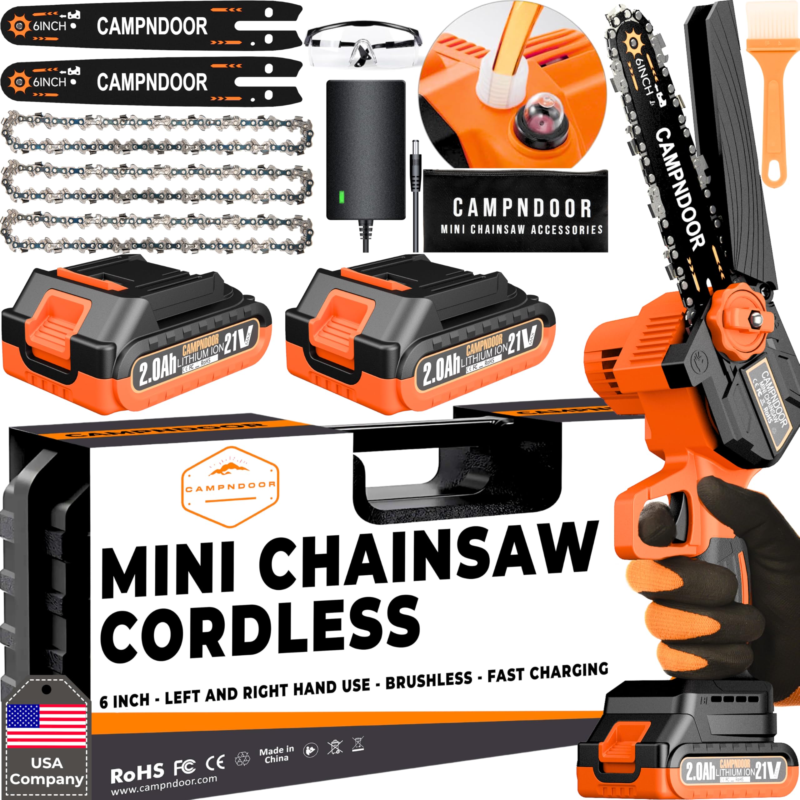 Mini Chainsaw Cordless 6 Inch - Self Oiling Mini Chain Saw Battery Powered - Handheld Electric Chainsaw with 2x 2Ah Batteries - Small Hand Saw for Wood Cutting