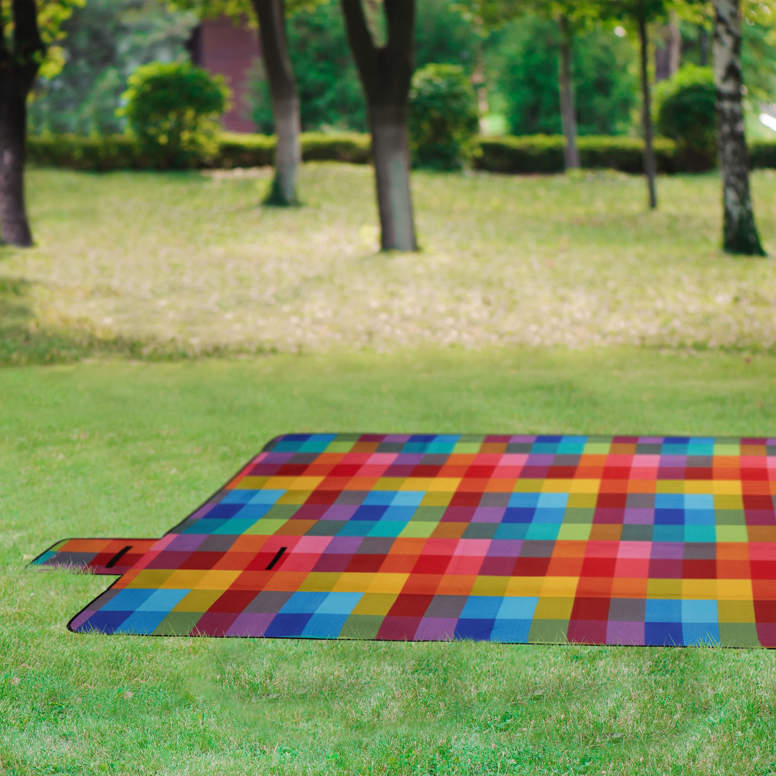 Relaxdays Couverture Pique-Nique XXL, 200 x 300 cm, Tapis de Plage Polaire, imperméable, avec poignée, Carreaux colorés