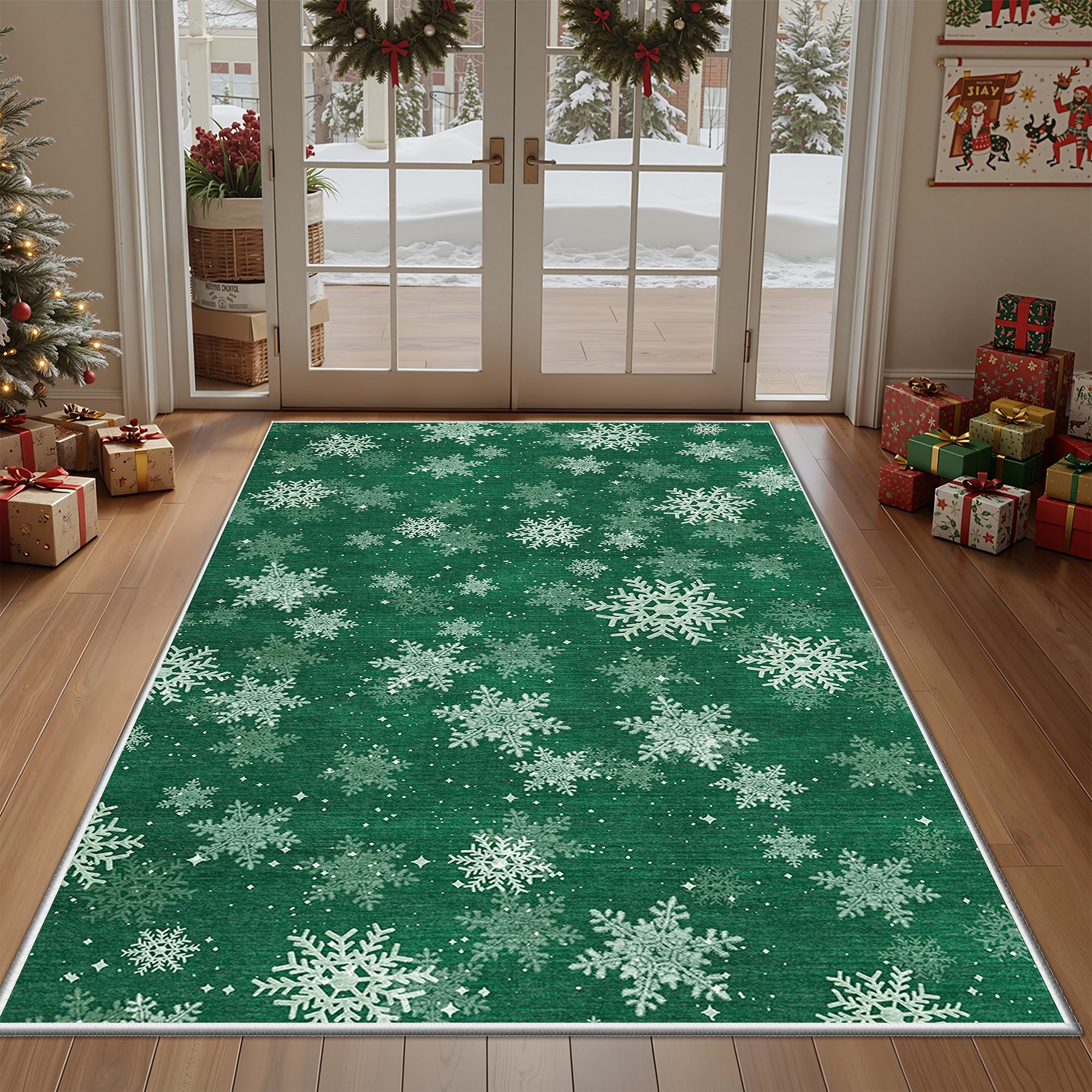 Restydon 3x5 Christmas Area Rug for Entryway, Soft Kitchen Rugs Non Slip for Dining Room, Washable Snowflake Doormat, Green Christmas Rug Indoor(3'x5', Green/White) — image 1