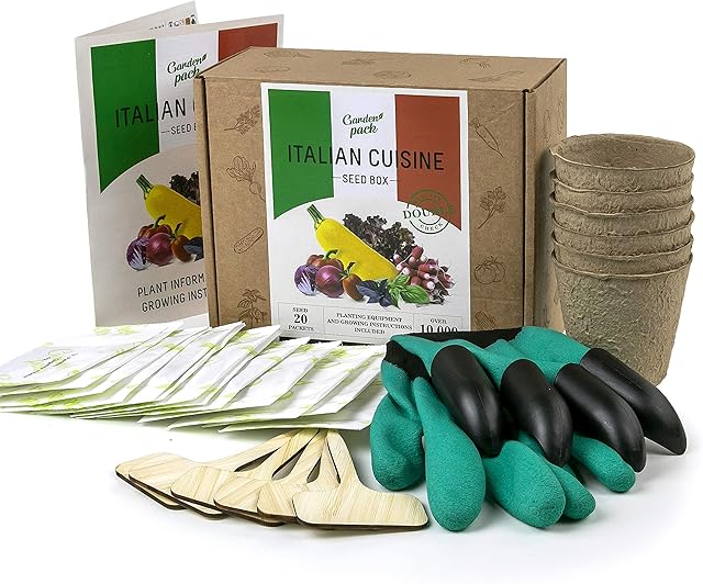 Italian Vegetable and Herb Seeds Box Growing Kit - Complete Grow Your Own Garden Set - Gloves with Claws - 20 Seeds Packets - Ideal Gardening Gift