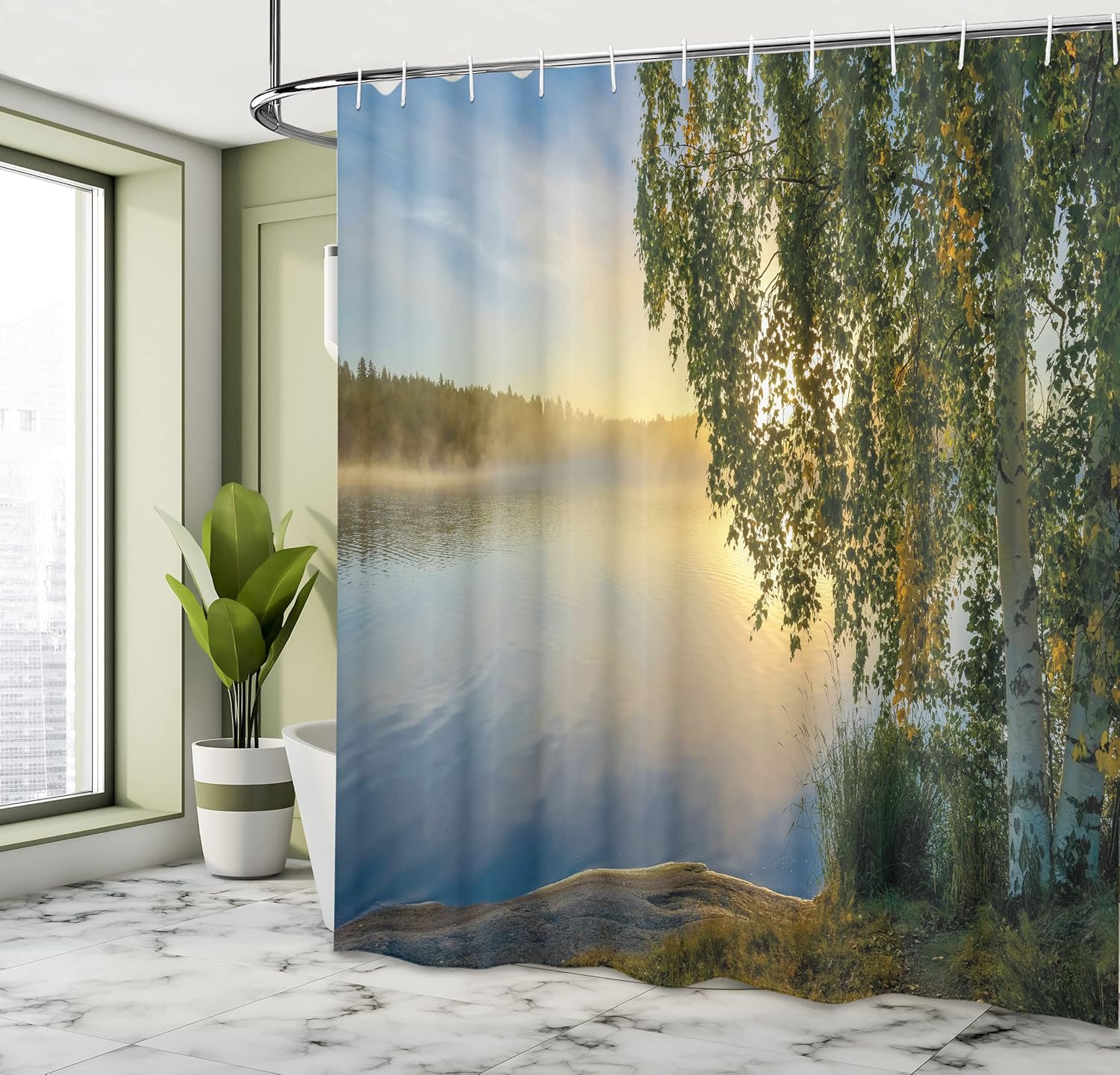Ambesonne Nature Shower Curtain, Sunny Day by Misty Lake Tree Summer Season Horizon August Landscape, Cloth Fabric Bathroom Decor Set with Hooks, 69" W x 70" L, Fern Green Pale Blue