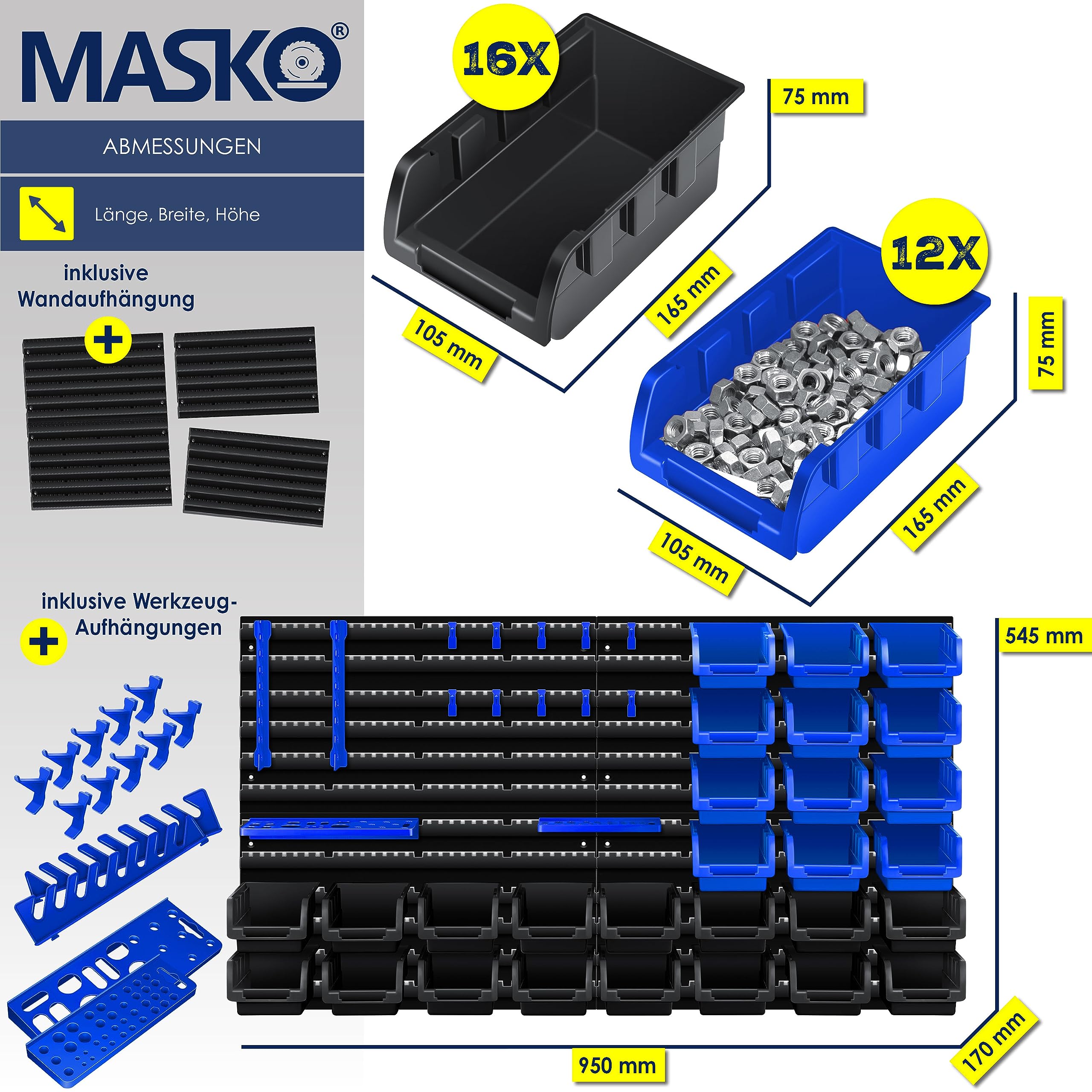 MASKO® Stapelboxen + Wandregal + Werkzeughalter 45-teiliges Set Box erweiterbar Sichtlagerkästen Schüttenregal Steckregal, Hängeregal Sortimentskasten Kleinteilemagazin Werkstatt-Regal Schwarz/Blau