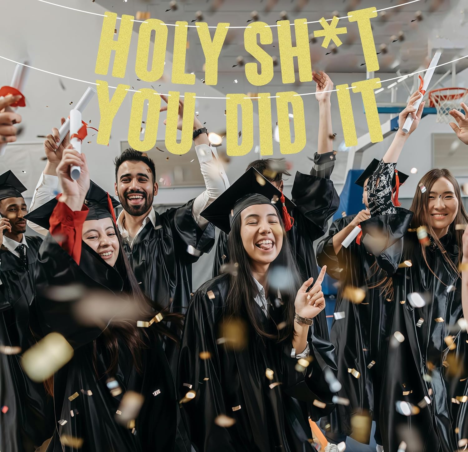 Pre-Strung Holy Shit You Did It Banner - Gold Glitter High School/College Graduation Party Decorations, Successful Banner, Congrats Grad Sign, Graduation Party Photo Booth Props - Image 4