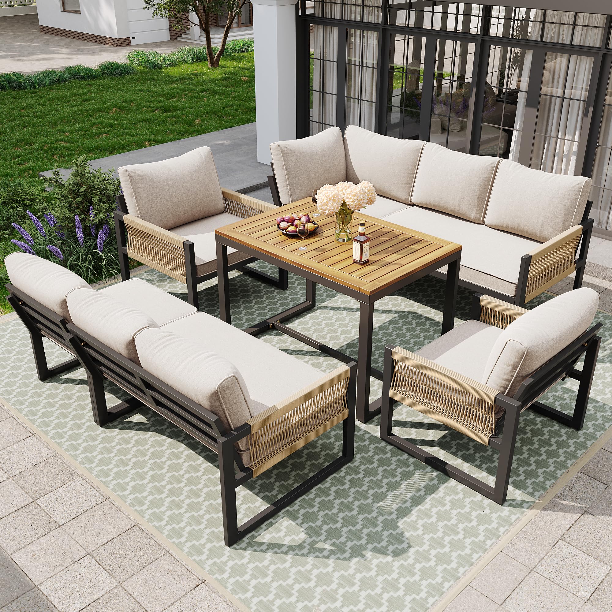 TIZZ Juego de muebles de jardín para 7 – 8 personas, juego de salón de jardín, conjunto de muebles de jardín, balcón, terraza, resistente a la intemperie, conjunto de asientos para comedor, moderno
