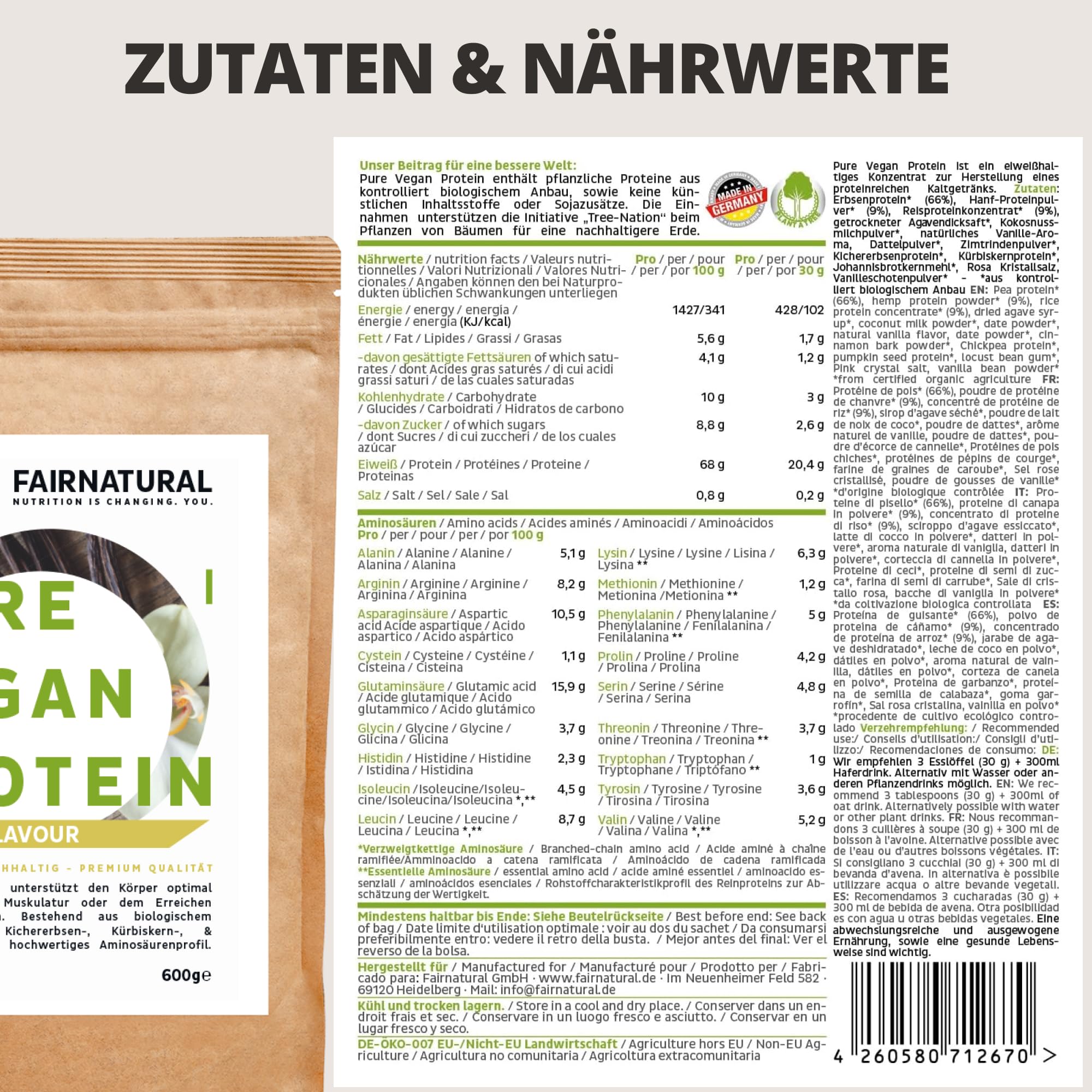 FAIRNATURAL Bio Veganes Proteinpulver Vanille ohne Soja [600G] 5K Protein Pulver Laktosefrei - Vegan Protein Powder - Pflanzliches Proteinpulver - Regional aus DE - Proteinshake Vegan - Eiweißpulver