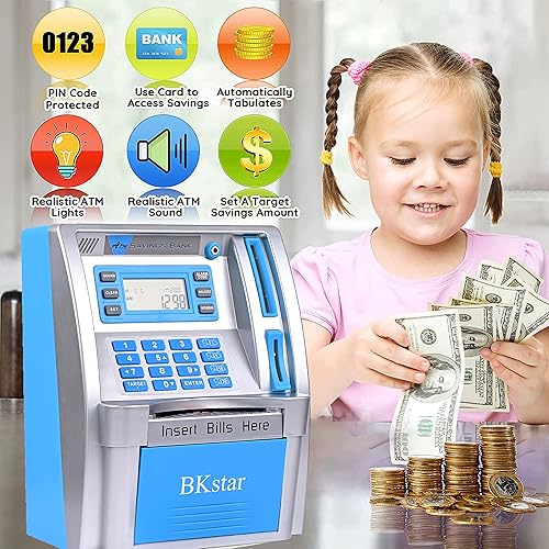 Miniatura 5 de Bancos de dinero mejorados para niños 2023, alcancía azul para dinero real para niños y adultos con tarjeta de débito, alimentador de facturas,