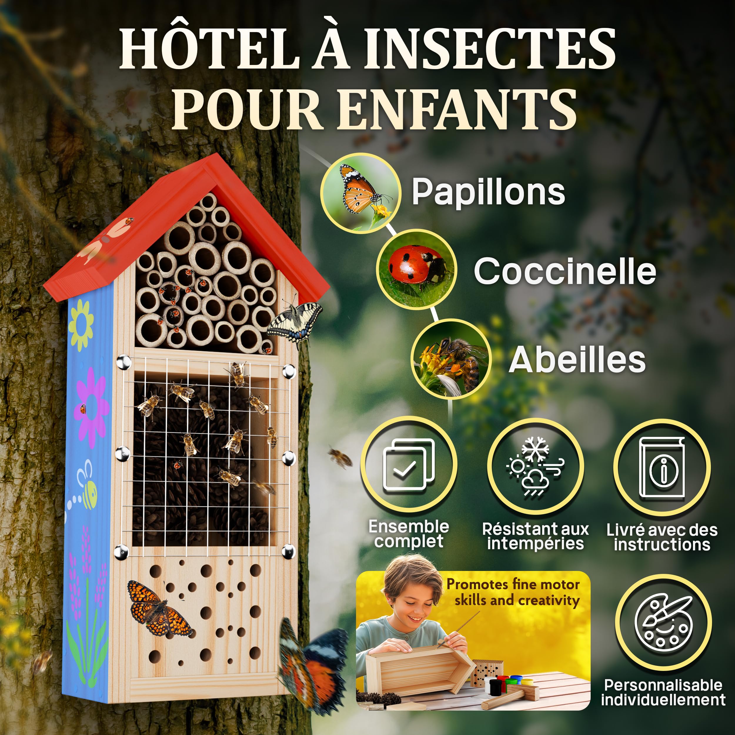 Eli Kit de construction d'hôtel à insectes pour enfants en bois de pin à peindre – Comprend 6 couleurs – Brosse – Marteau – Clous – Pochoirs et modèles – Maison d'abeille et hôtel pour jardin et