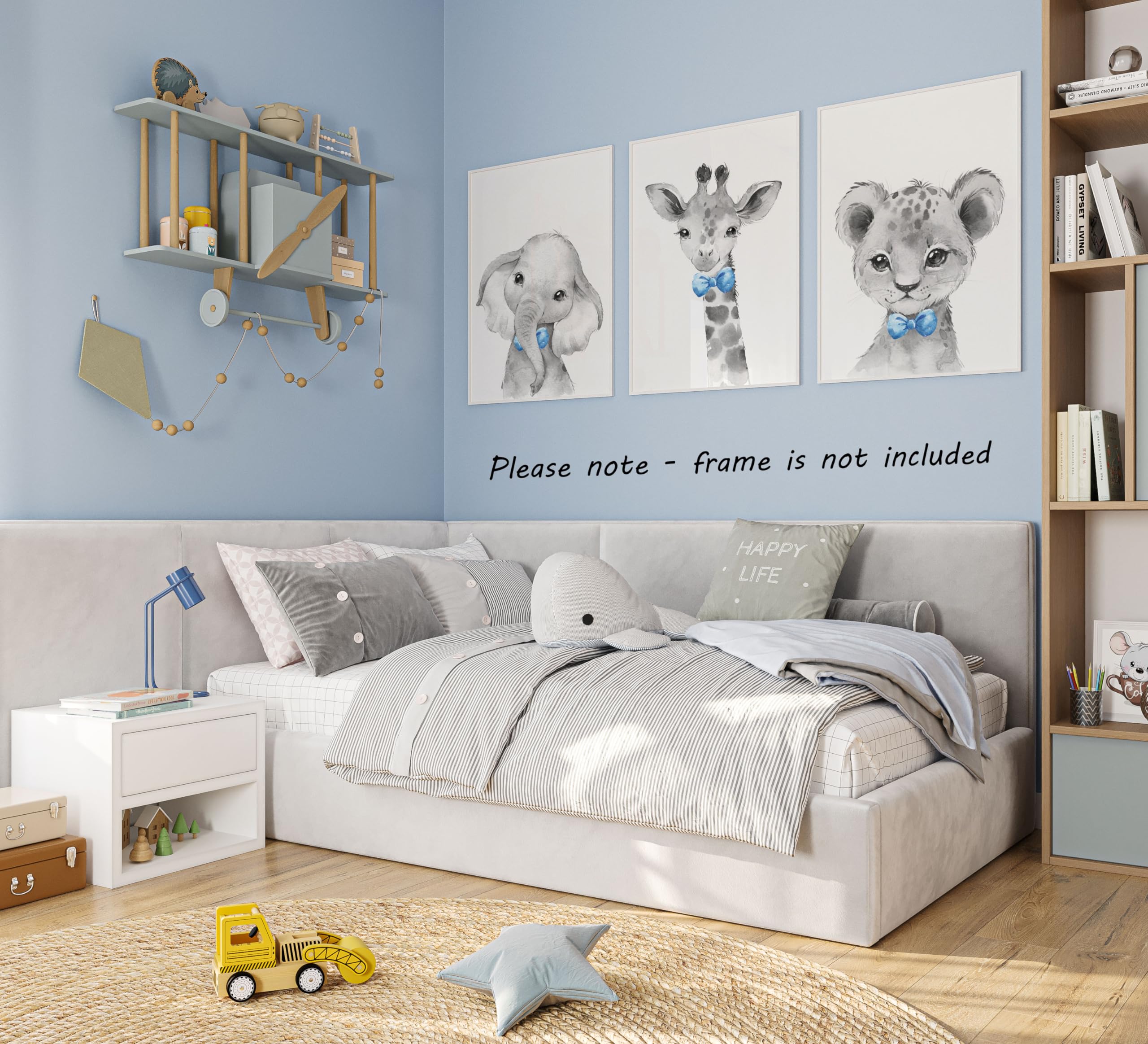 Eviepops Prints Set di 3 Stampe Safari Cameretta Bambini, Poster Animali Elefante Leone Giraffa con Fiocchi Azzurri, Senza Cornice, Decorazione Parete, Idea Regalo Neonato(A3)