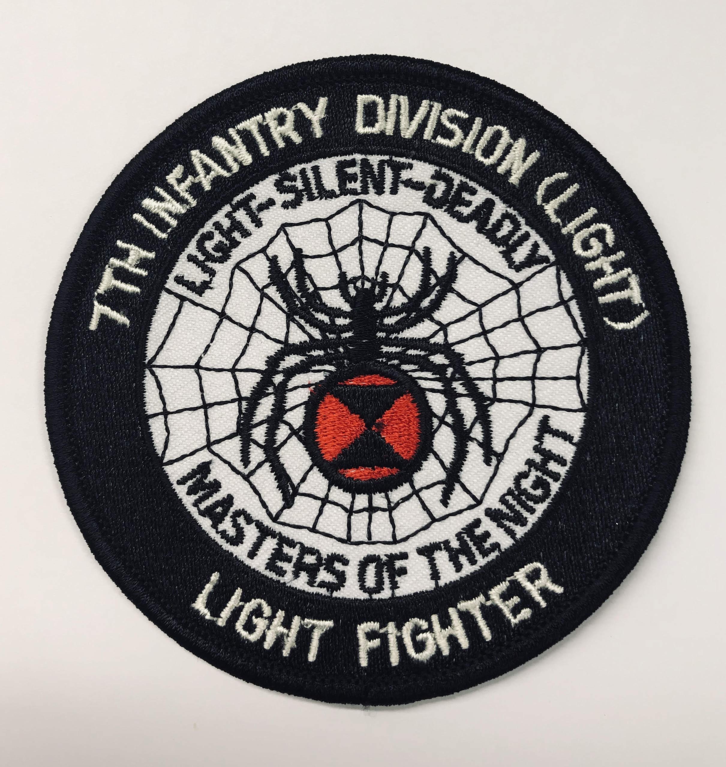 7th Infantry Division - Small 3 1/2" - Black Widow Embroidered Patch - Wax Backing - Merrowed Edge - Fort Ord, California - Light, Silent, and Deadly