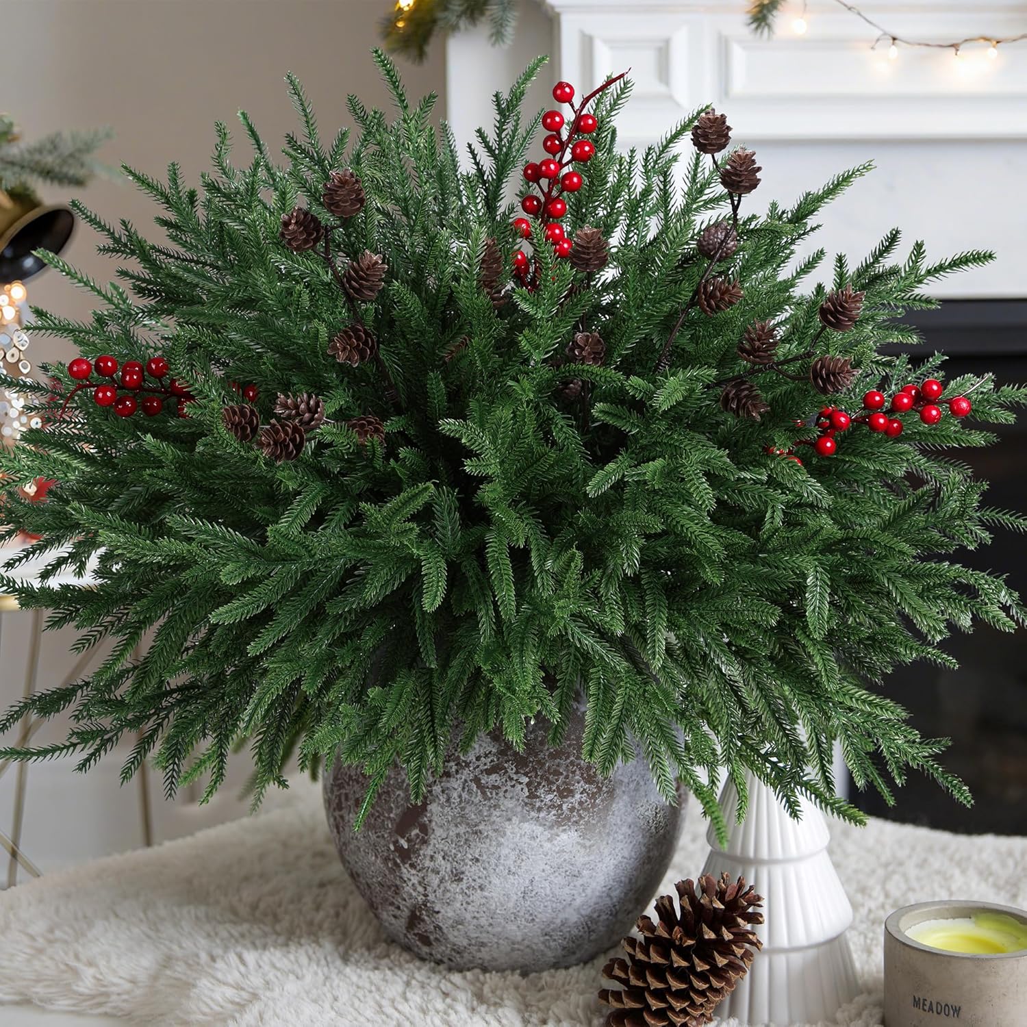 Artificial Christmas Norfolk Pine Stems Branches for Vases,17 Bundles Faux Pine Branches with Pinecones and Red Berries Branches,Fake Greenery Evergreen Real Touch for Holiday Winter Table Xmas Décor Red Berries+small Pinecones