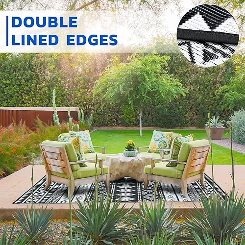 Miniatura 3 de Alfombra de exterior de 9 x 12 pies, geométrica para exteriores, impermeable, alfombra de paja de plástico, reversible, para campamento, patio,