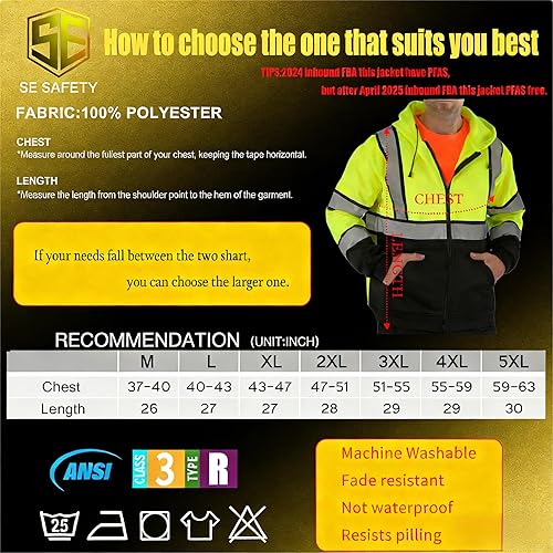 Miniatura 46 de sesafety Sudadera de seguridad de alta visibilidad para hombre, sudadera con capucha reflectante con cremallera clase 3, sudadera con capucha