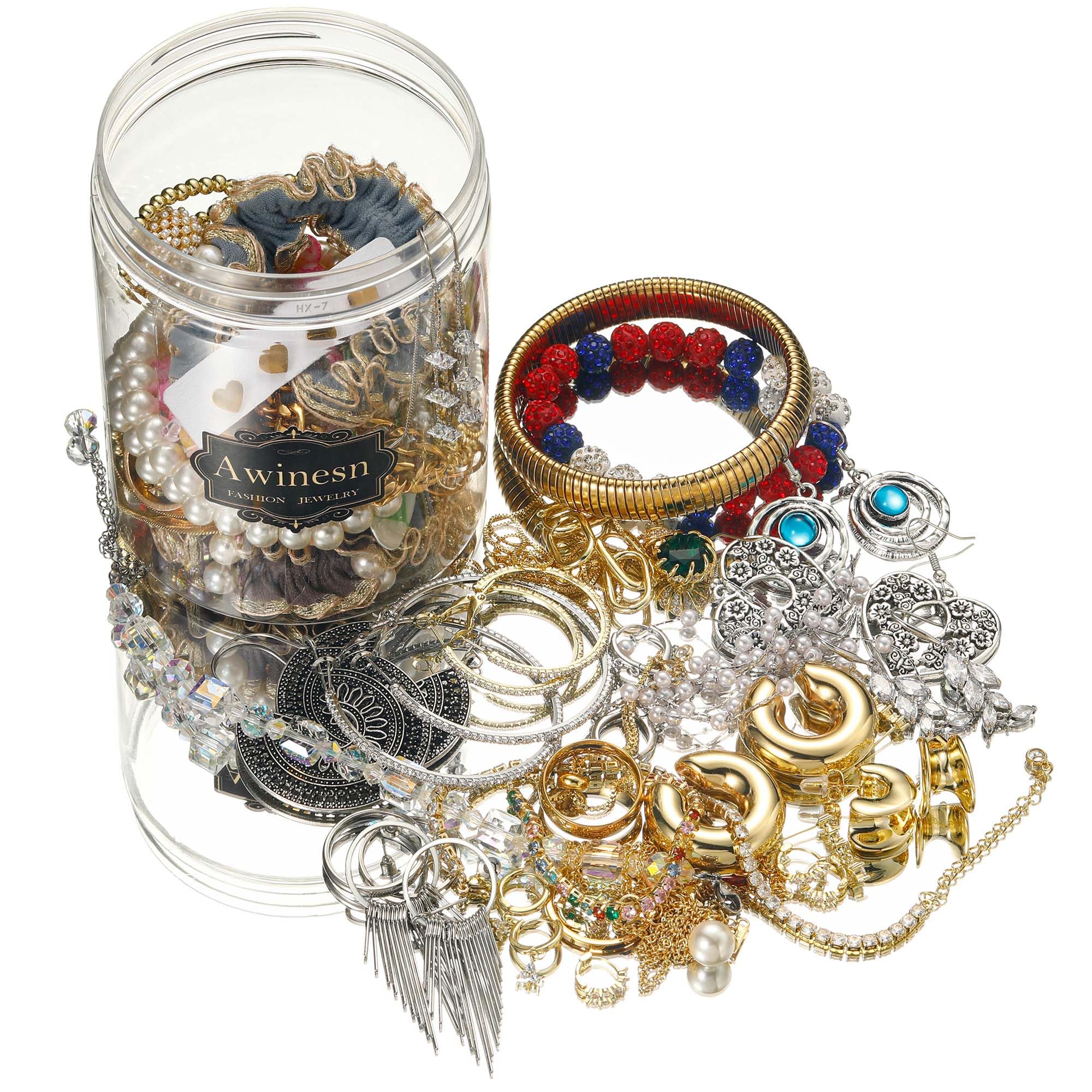 Awinesn Mystery Jewelry Jar Bundle, Vintage Jewelry Box, 40-45 Piece Surprise Box for Women, Gift Set Multi Style of Earrings Rings Bracelets or Necklaces, Unique Birthday Gift for Her polychrome