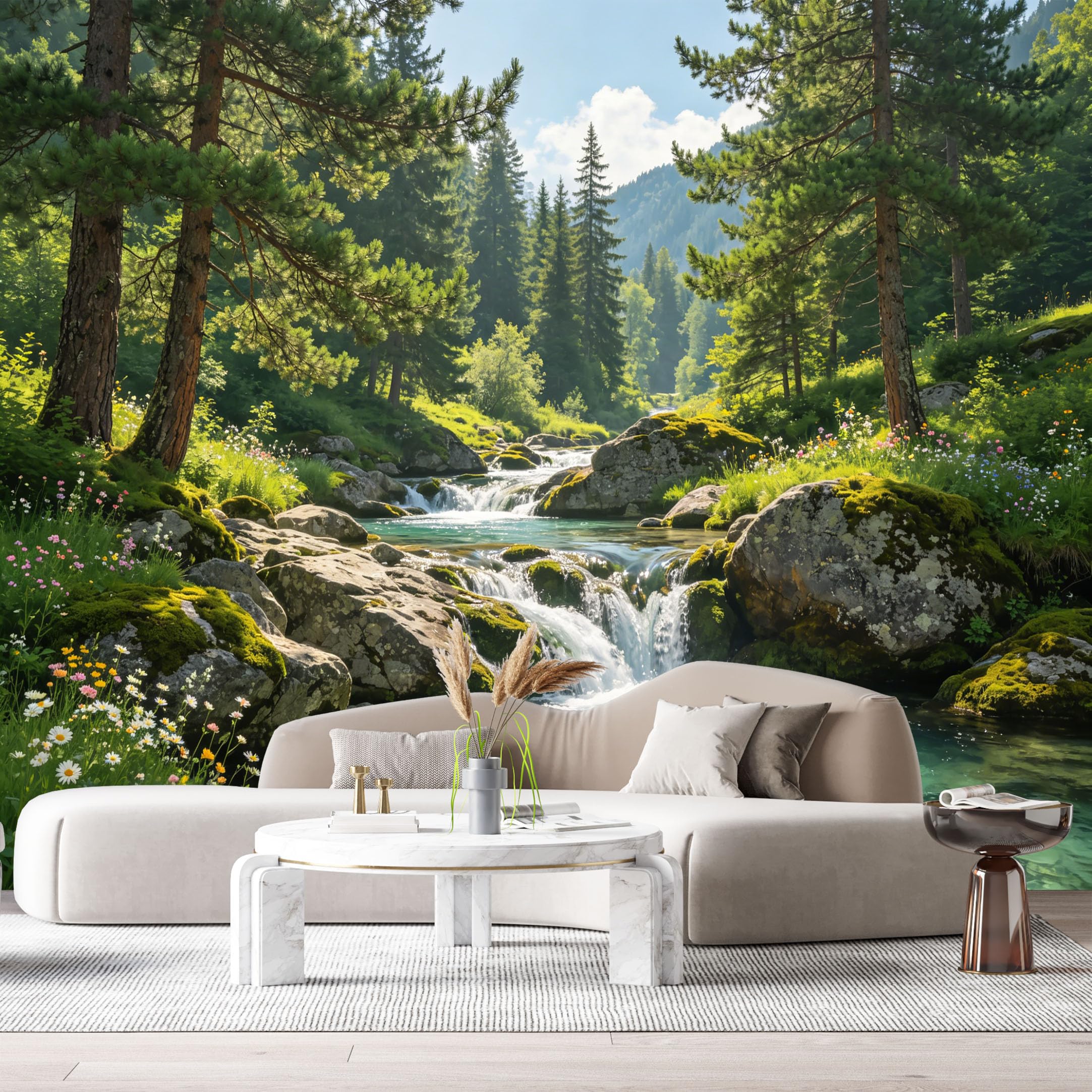 Custom Size Wall Murals Mountain Lake Landscape Waterfall Forest Stream SelfAdhesive Wall Fabric Removable Large Wallpaper for Photo Living Room