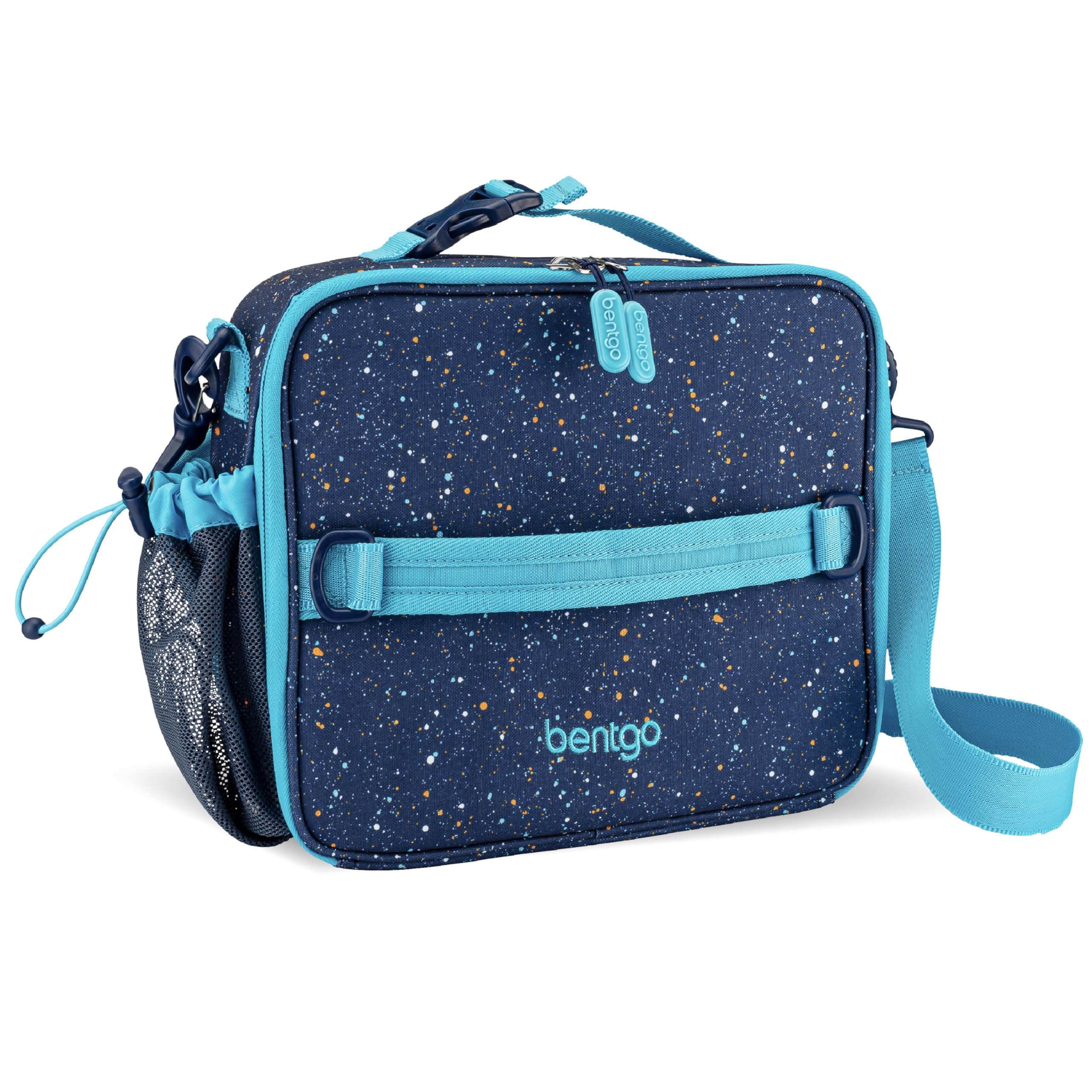 Bentgo Kids Lunch Bag - Double-Insulated, Reusable Lunch Bag for Kids 3+ with Adjustable Strap; Holds Lunch Box/Water Bottle/Snacks; Easy-Clean, Water-Resistant & Pockets (Confetti - Abyss Blue)