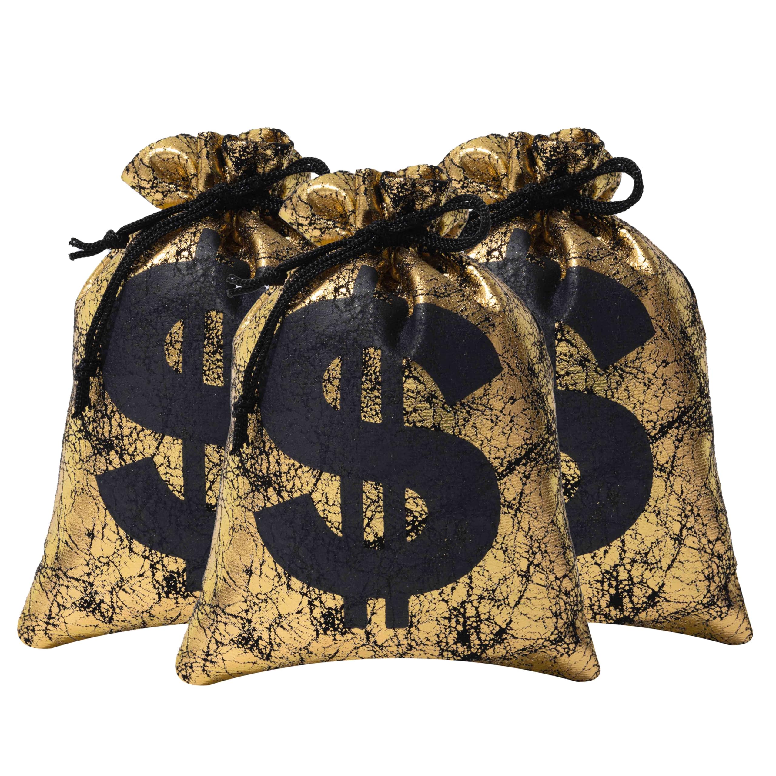 RICHNESS Money Bag with Dollar Sign 4.5X6 Inch Faux Leather Costume Money Bag Pouch with Drawstring Closure Treasure Sack for Bank Robber Old West