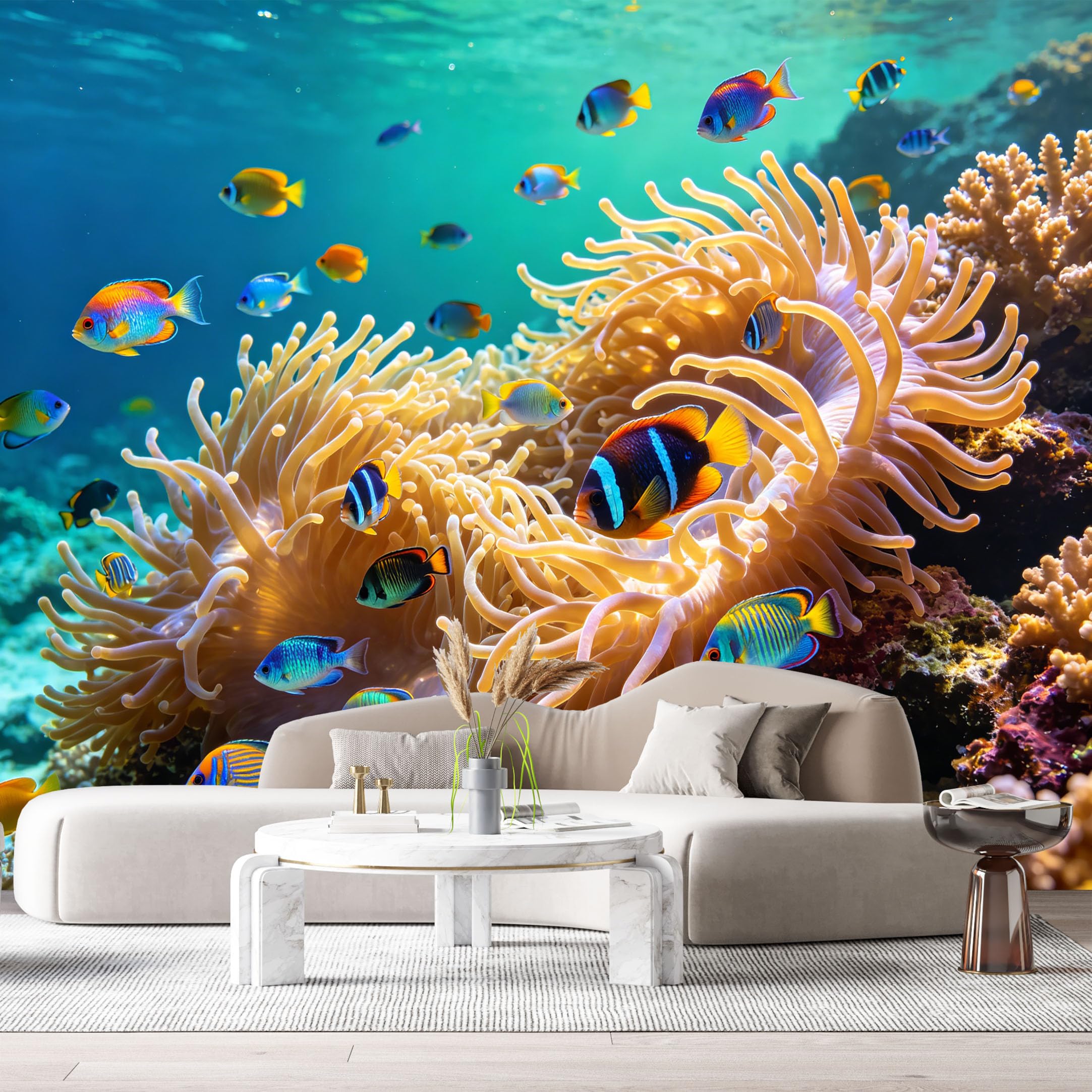 Custom Size Wall Murals Ocean Marine Tropical Fish Sea Anemone Underwater World SelfAdhesiveWall Fabric Removable Wallpaper Wall Decor for Living Room Bedroom Bathroom