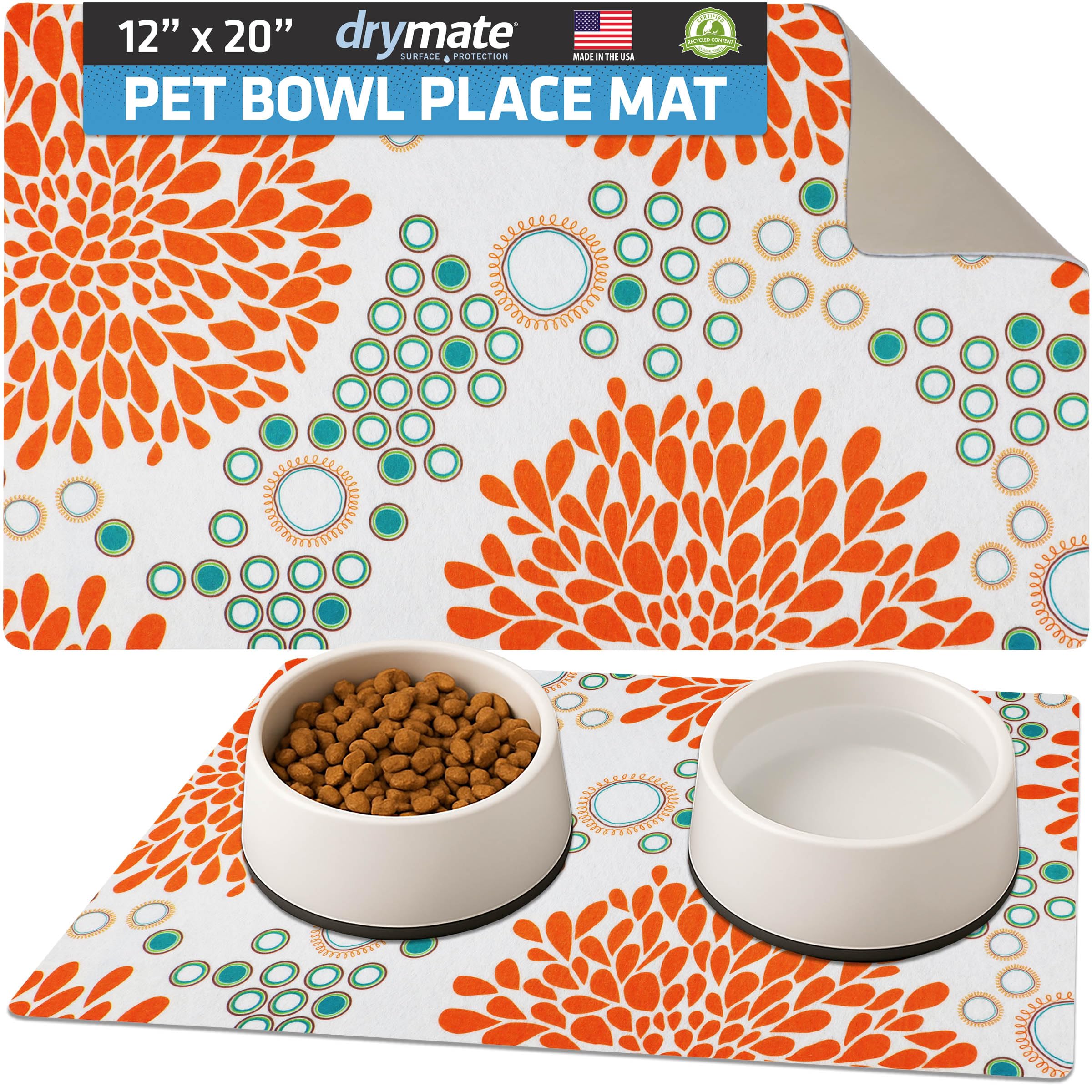 Drymate Futternapf-Platzset, Futtermatte für Hunde und Katzen, saugfähiger Stoff, wasserdichte Unterseite, rutschfest, maschinenwaschbar, langlebig, 30,5 x 50,8 cm, Orange/Türkis
