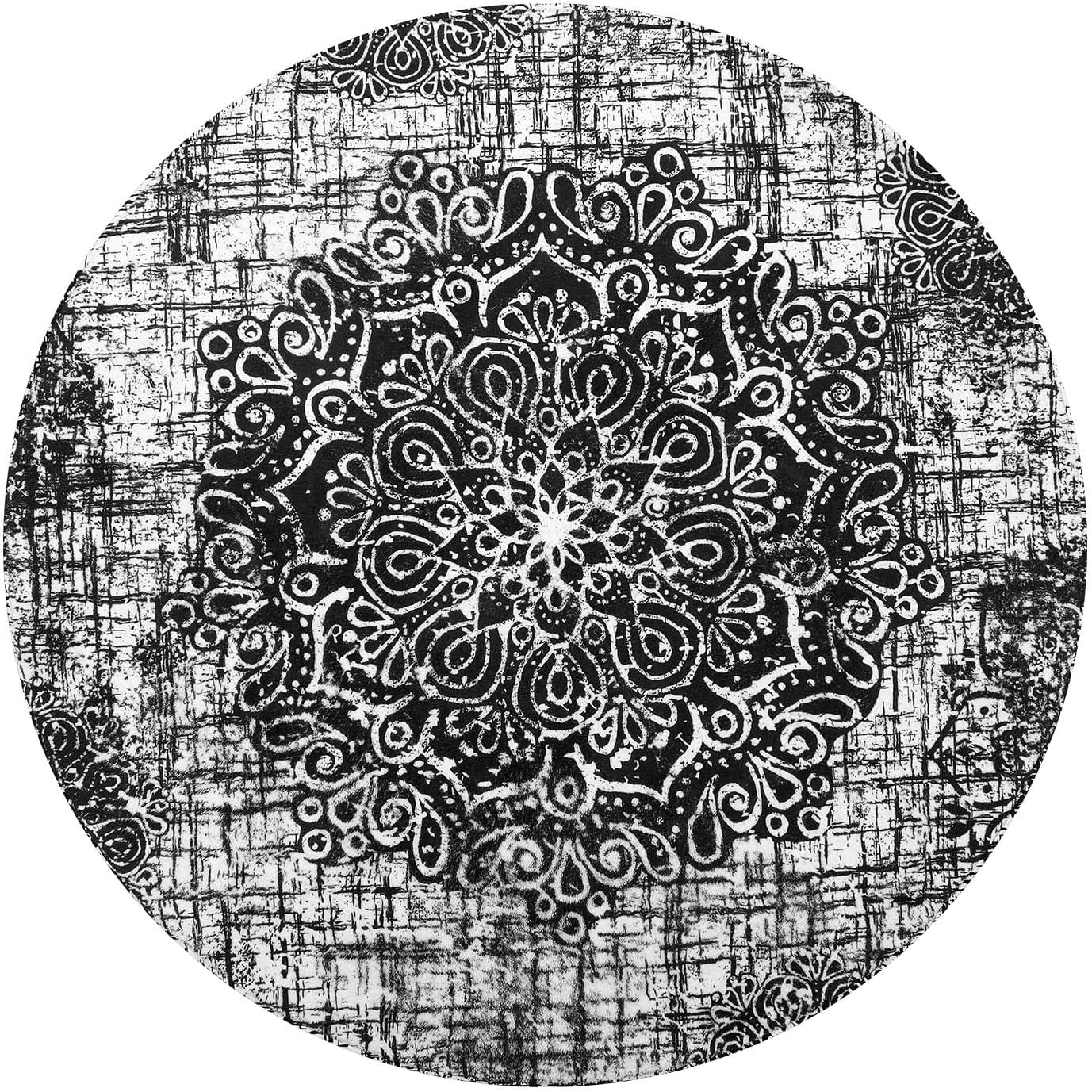 Lahome Vintage Medallion Round Rugs - 4Ft Washable Non-Slip Small Round Area Rug Throw Soft Sofa Round Carpet Black Print Distressed Round Rug for Entryway Kitchen Office Bedroom Dining Room