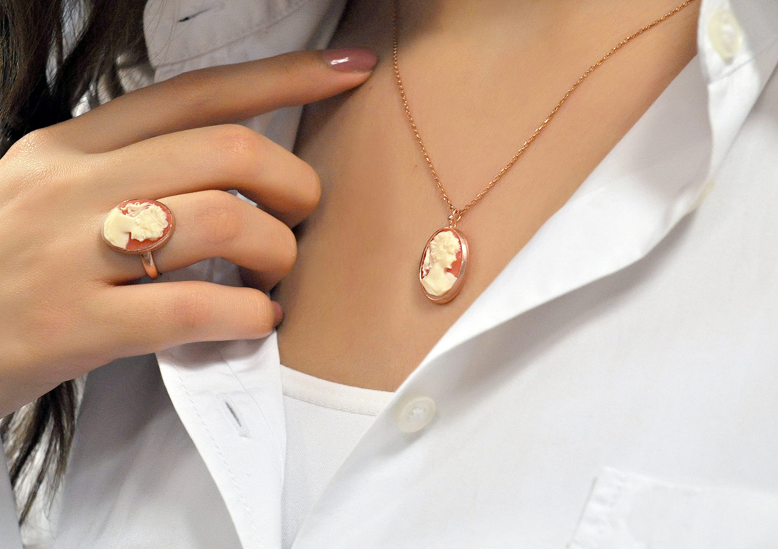 925 Sterling Silber - Lady Cameo - Roségold - Kette - Vintage - Barock - Damen - 45 cm - Anhänger - Oval - Geschenk für Mama - Schwigermutter - Frau - Geburtstag - Must Have - Schmuck - Handmade