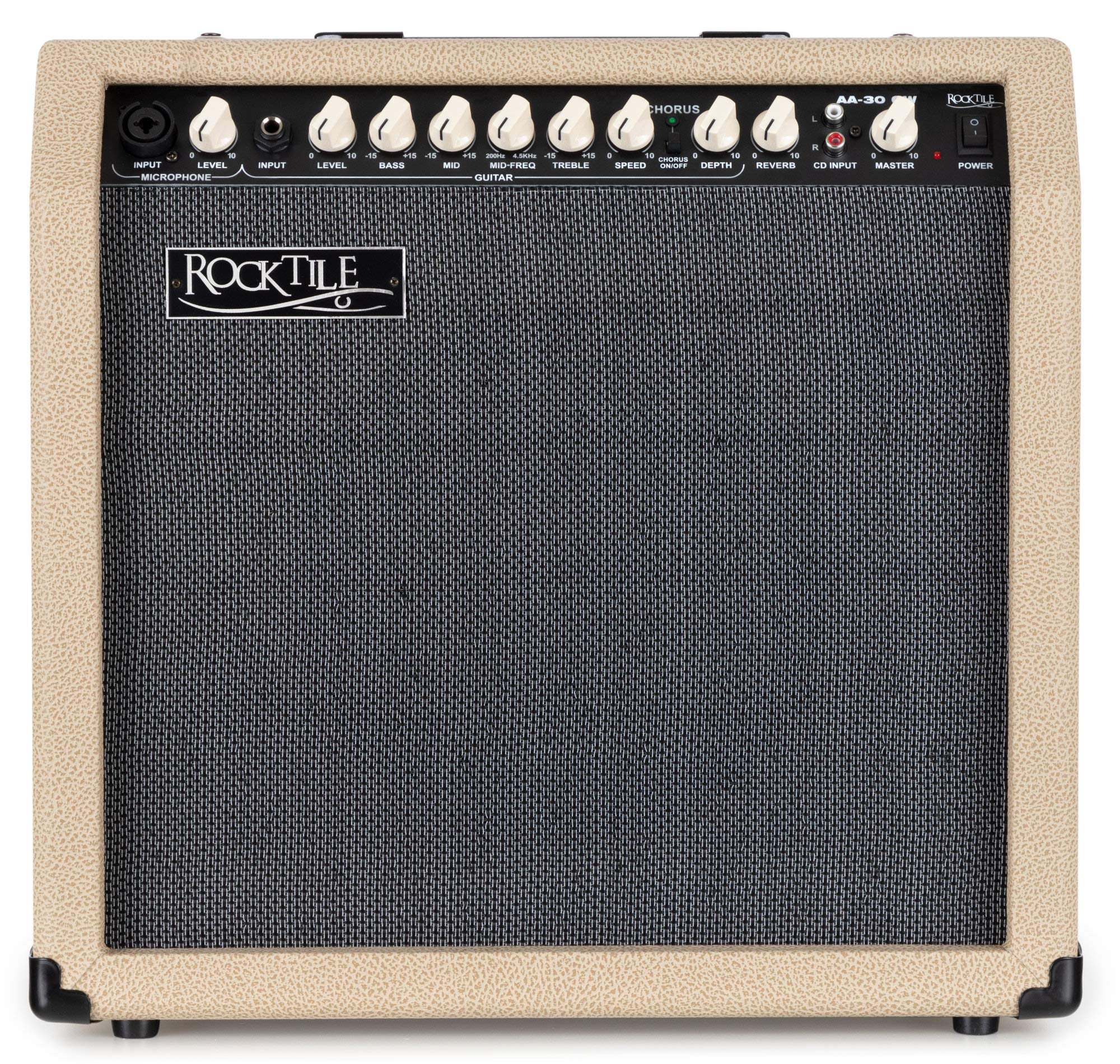 Rocktile AA-30 CW Eric Akustikverstärker - 30 Watt - 2 Kanäle (Mikrofon und Gitarre) - 10" Speaker + 2,5" Hochtöner - AUX-Eingang und Line Out - Chorus- und Hall-Effekt - Creme