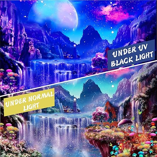 Miniatura 6 de Pósteres de luz negra, tapiz espacial para dormitorio, luz negra, cascada, paisaje, para colgar en la pared, reactiva a los rayos UV, luna, galaxia,