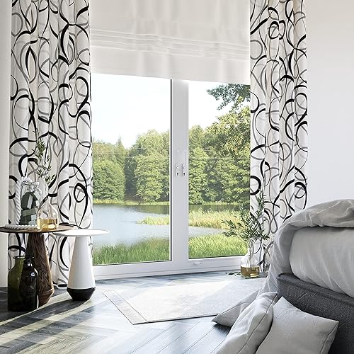 Miniatura 2 de Juego de 2 paneles de cortinas geométricas negras, grises y blancas, línea abstracta, patrón de arte moderno, tratamiento de ventana, oscurecimiento