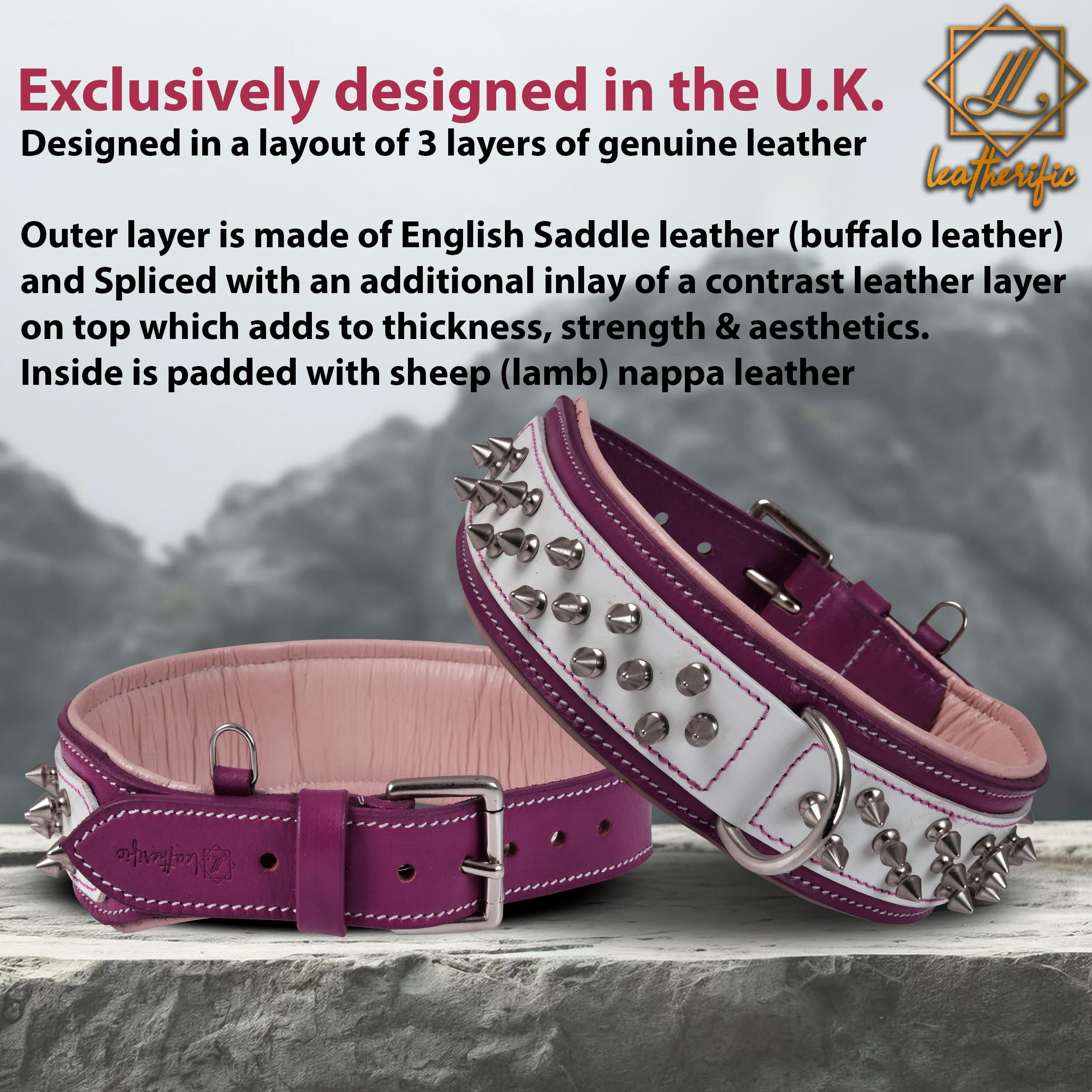 Leatherify - Collar de cuero genuino para perro, de alta calidad, resistente, acolchado, fuerte, con picos atornillados, razas medianas, grandes, extragrandes, 5 cm de ancho (color magenta, tamaño del